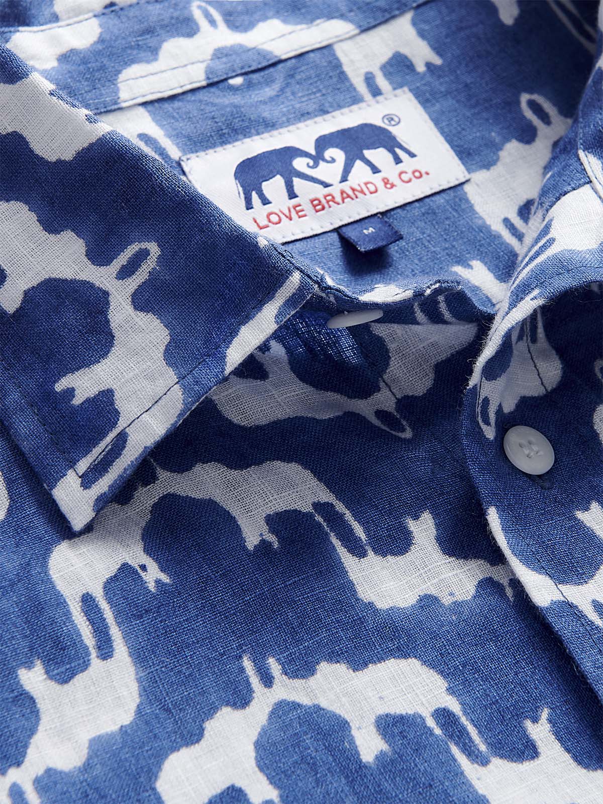 Unisex linen long sleeve shirt in blue with elephant palace print by Love Brand & Co.