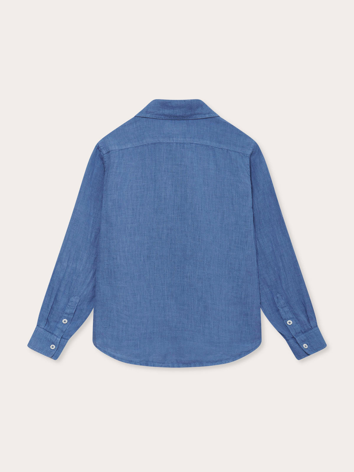 Back view of Kids Deep Blue Abaco Linen Shirt. Blue linen shirt for children.