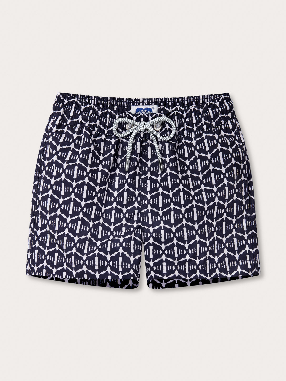 Boys navy and white swim shorts with a gorilla pattern, featuring an adjustable drawstring waist.