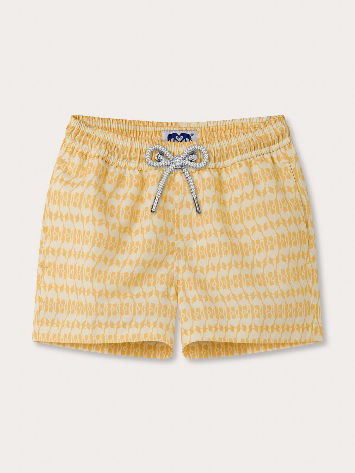 Front view of Boys Camel Mirage Staniel Swim Shorts. Yellow kids swim shorts with camel design.