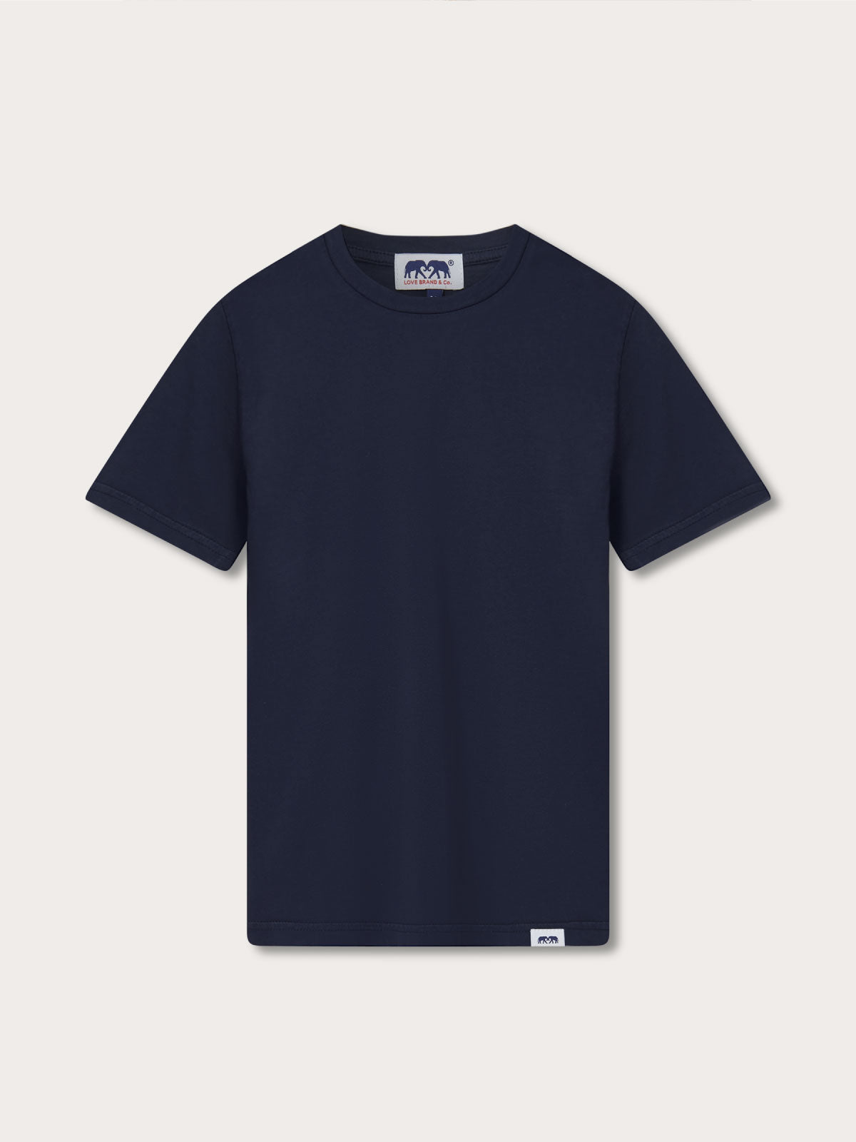 Navy blue t-shirt with a brand logo on a light gray background