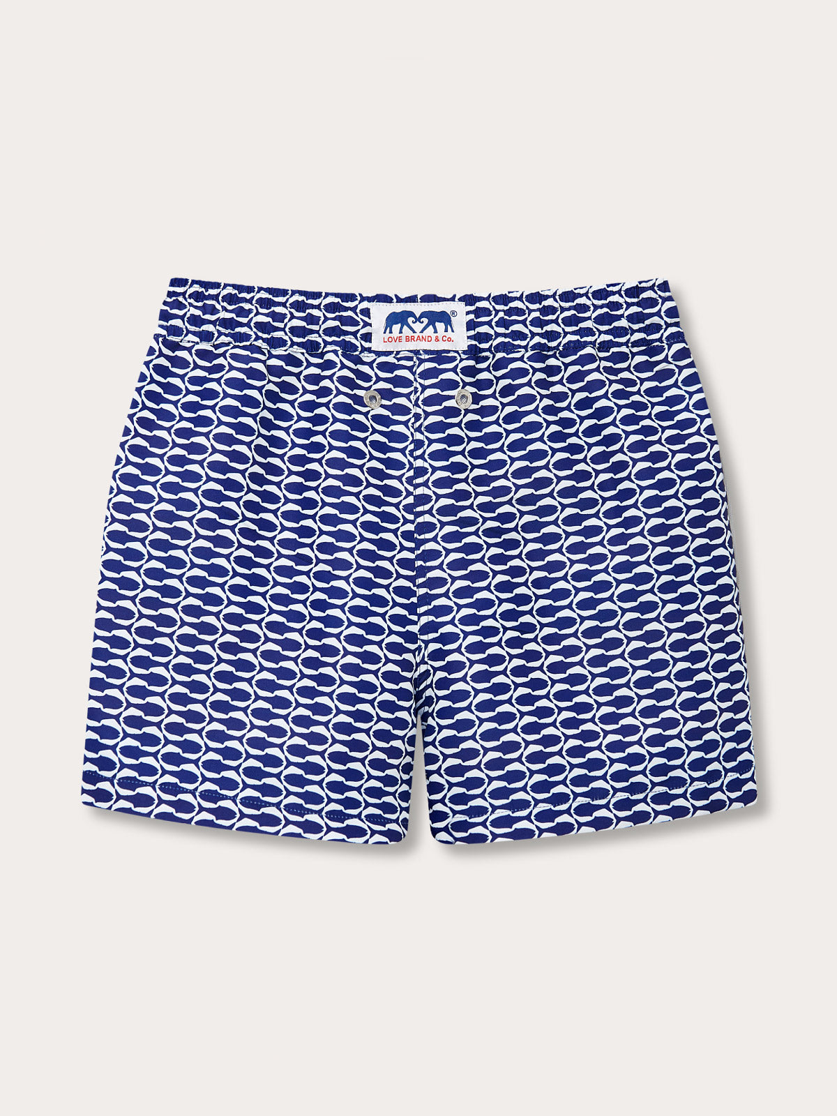 Boys Pine Cay Fish Staniel Swim Shorts featuring a sleek geometric print with schools of fish in navy blue and white.