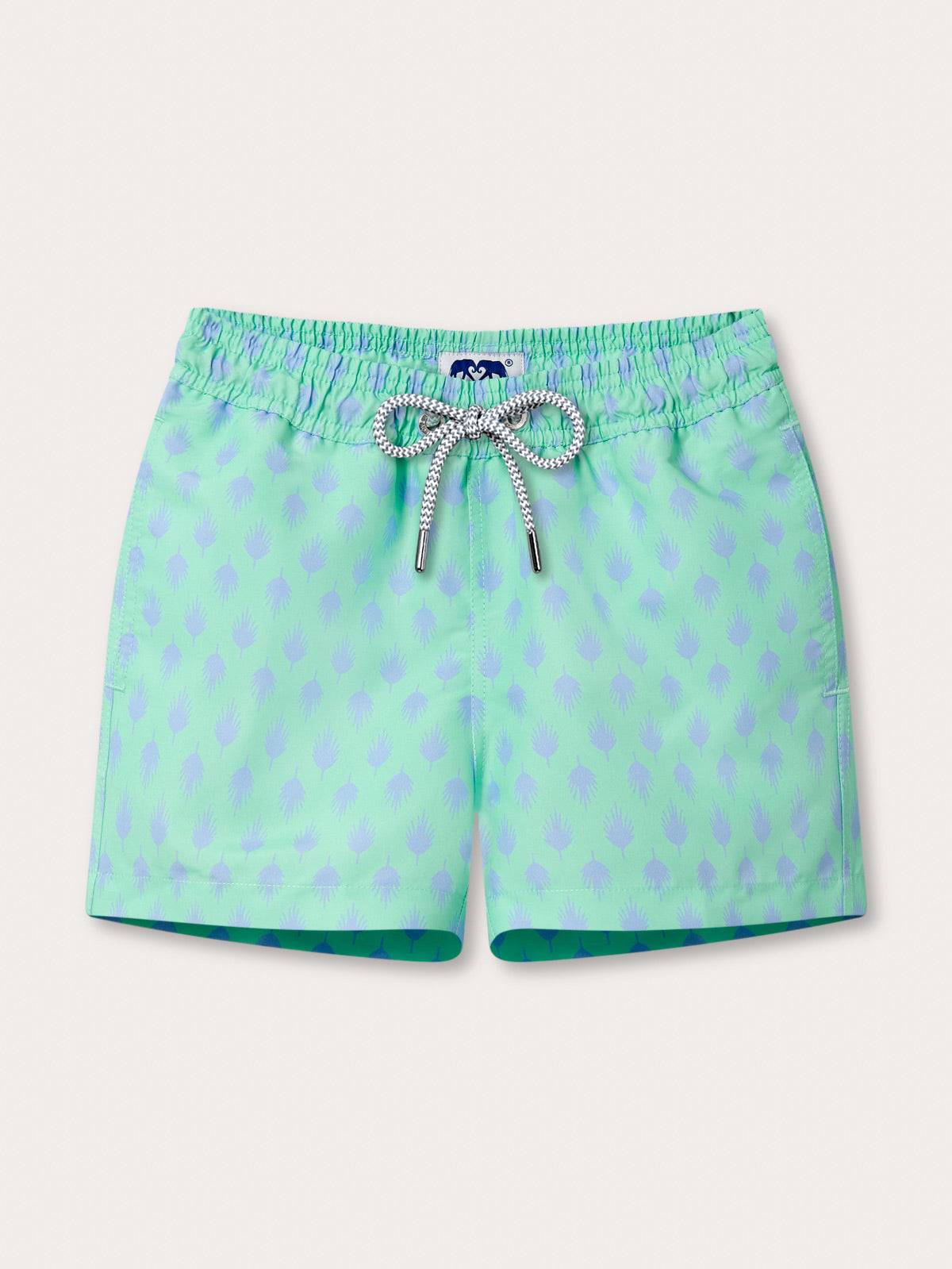 Boys Palm Days Staniel Swim Shorts by Love Brand & Co. Pastel green kids swim shorts with pockets and a drawstring waist.