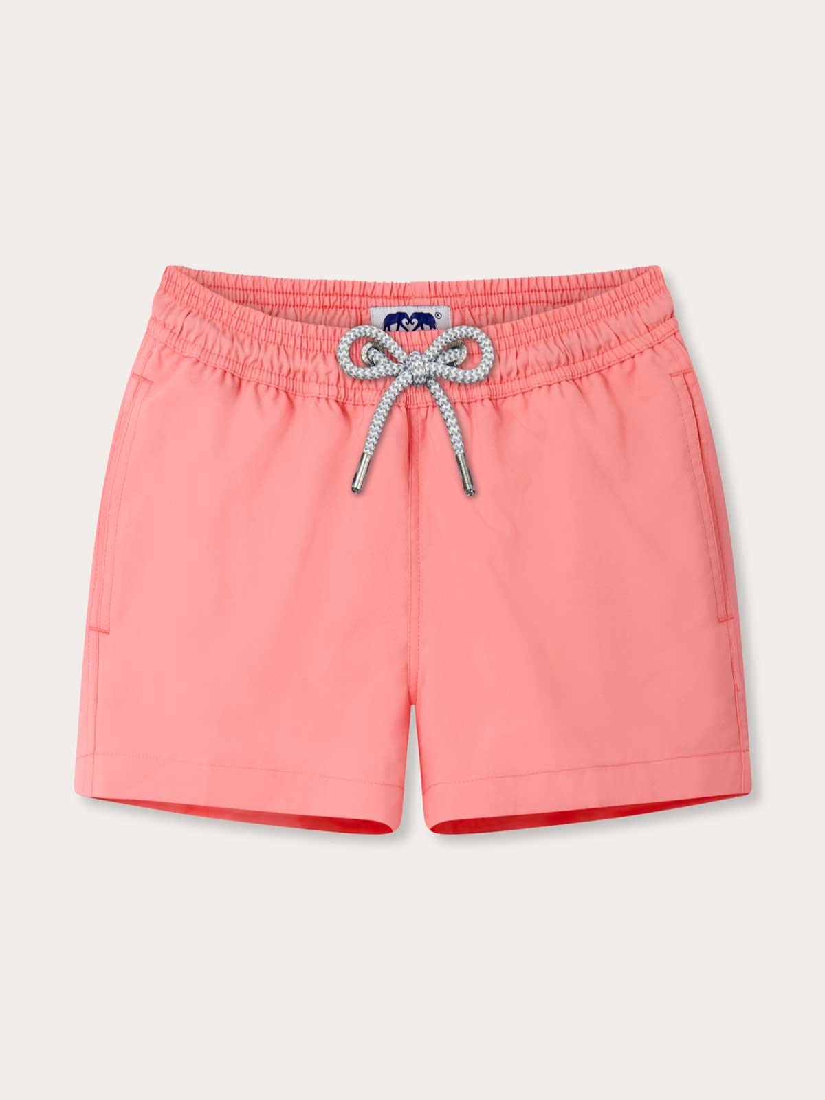 Front view of Boys Watermelon Staniel Swim Shorts. Red and pink kids swimming trunks with 2 side pockets and a drawstring waist.