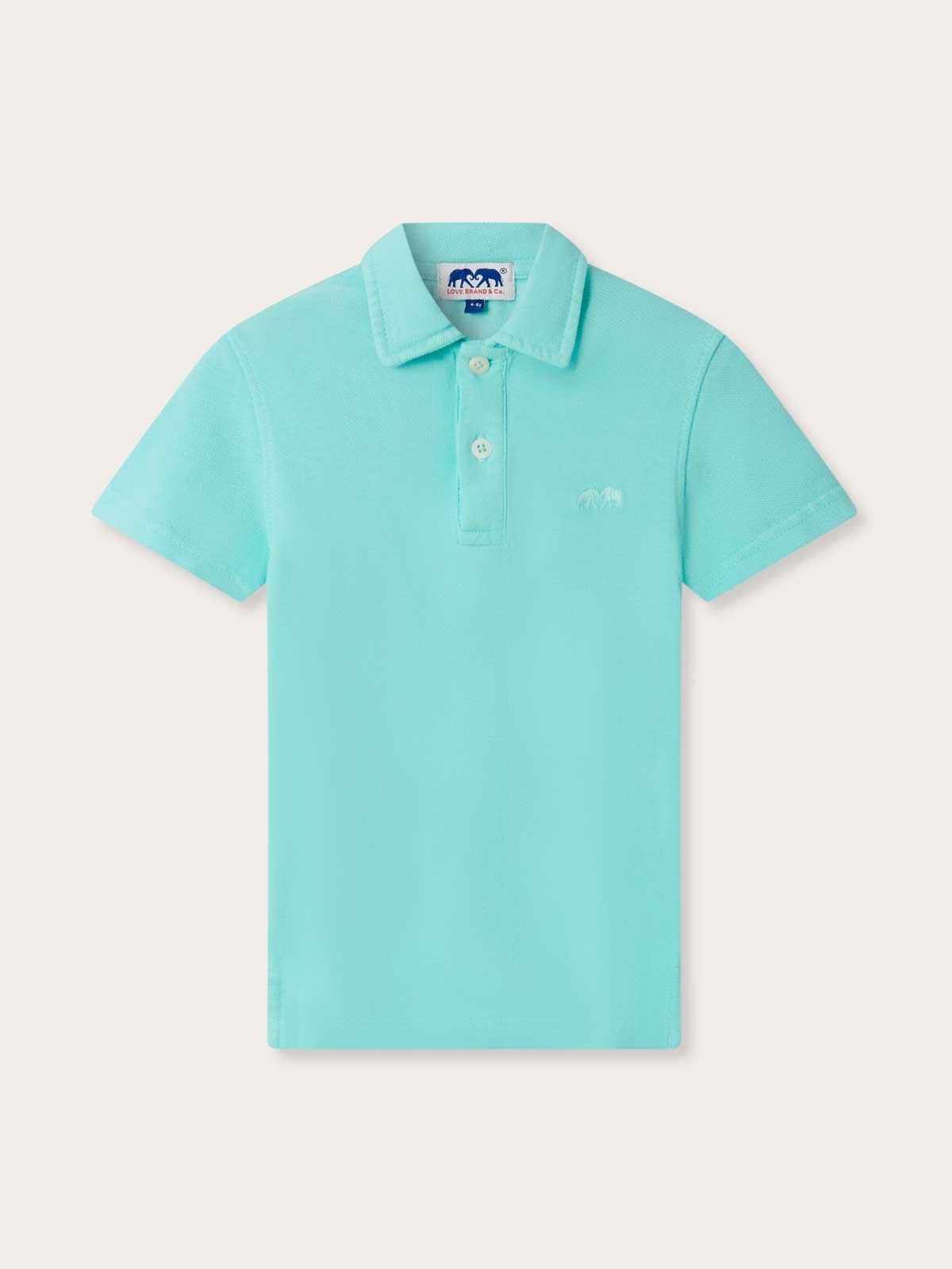 Front view of Kids Cay Green Pensacola Polo Shirt. Kids polo shirt in a mint green featuring an embroidered Love Brand logo.