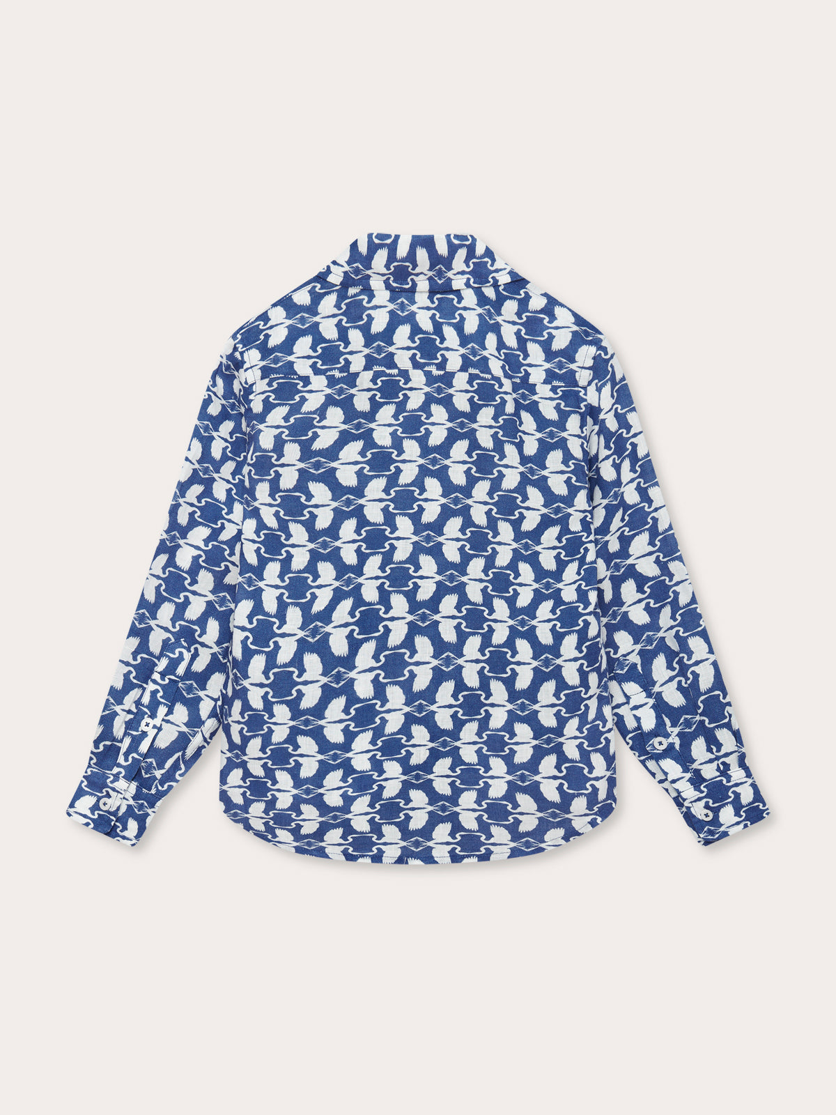 Boys White Heron Abaco Linen Shirt featuring a Great White Heron print in cool white and deep blue.