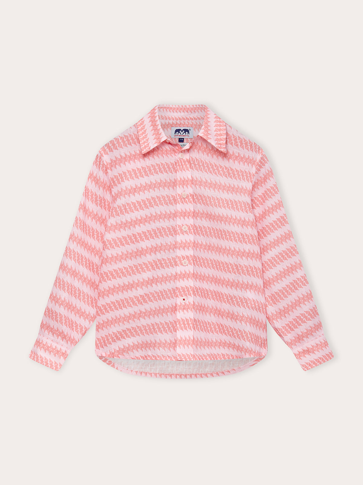 Boys' Roseate Spoonbill Abaco Linen Shirt featuring a pink and white pattern with a button-down front.