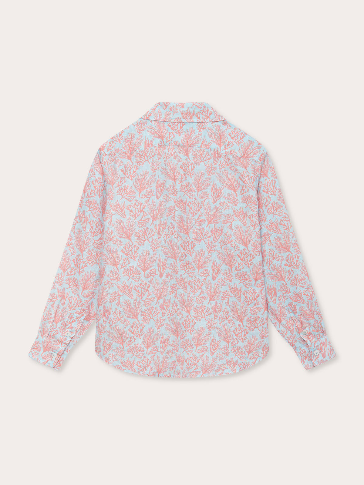 Boys Crazy Coral Abaco Linen Shirt with sea blue and coral reef print, inspired by Bahamian reefs, back view.