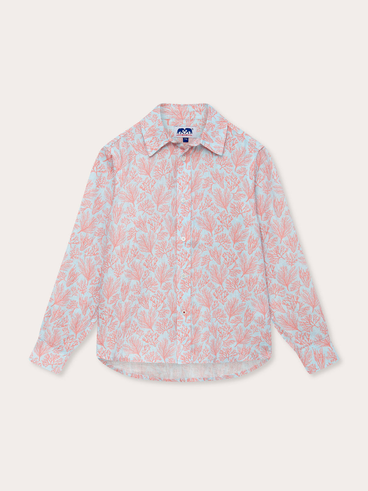 Boys Crazy Coral Abaco Linen Shirt featuring a sea blue and coral print inspired by Bahamian coral reefs, long sleeves, and a button-down front.