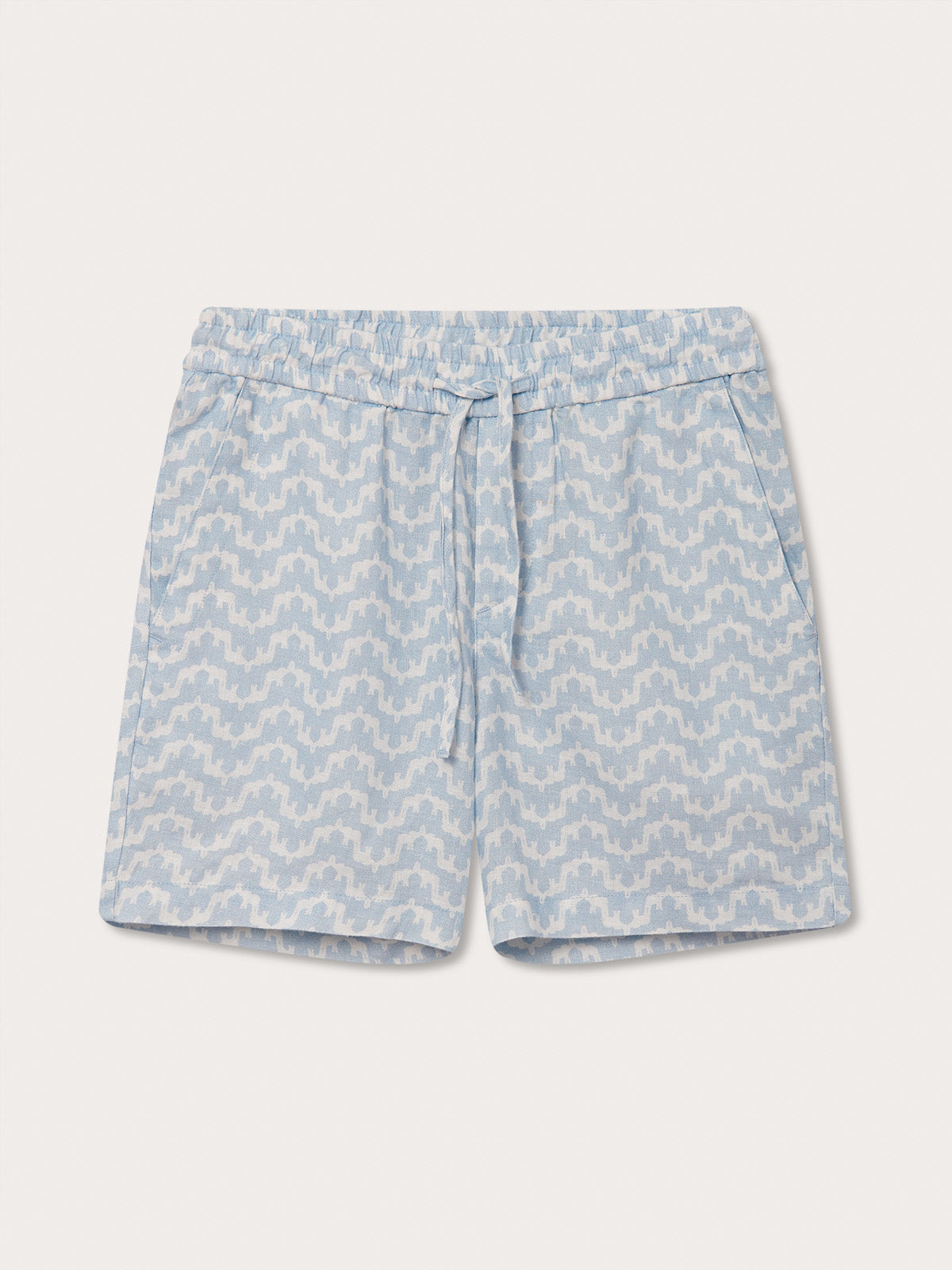 Boys Elephant Palace Sky Blue Joulter Linen Shorts with elastic waistband and drawstring detail.