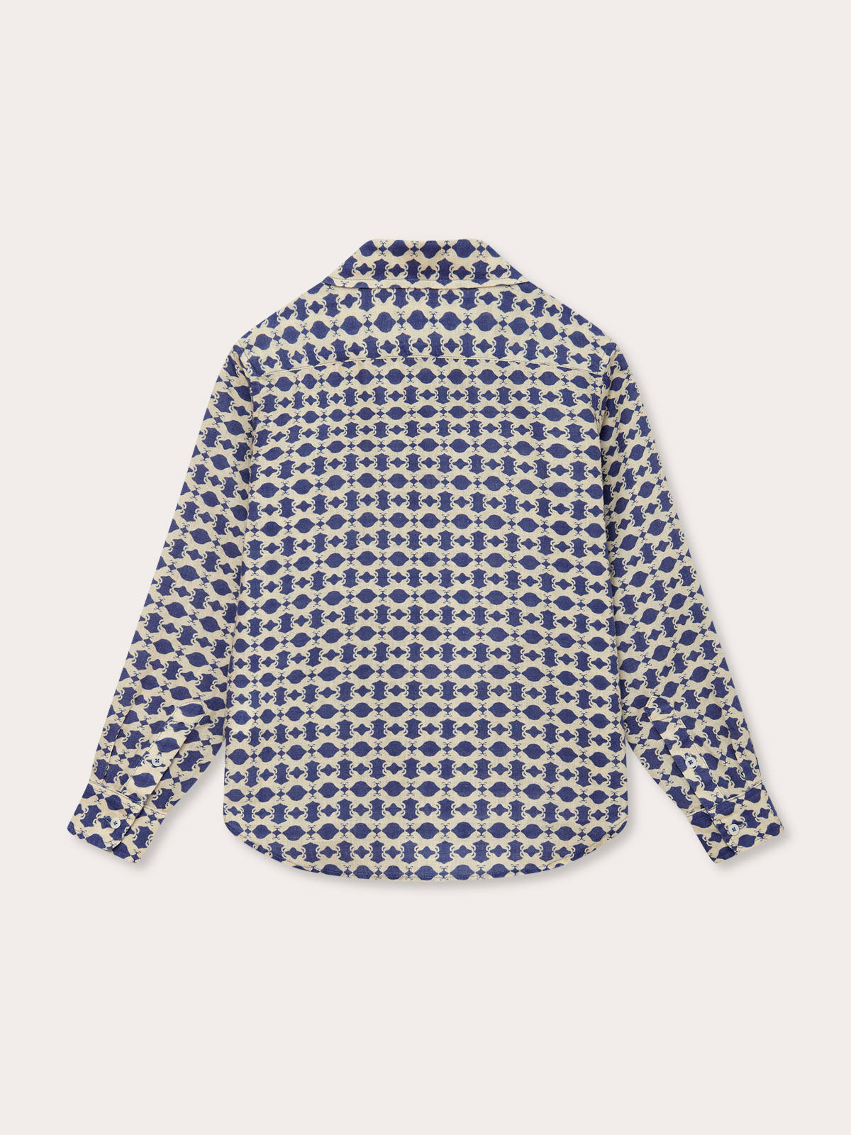Back view of Boys Eye Of The Tiger Abaco Linen Shirt featuring a geometric print with hidden Sumatran Tigers.