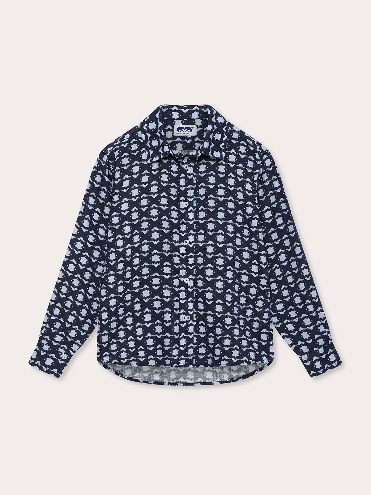 Boys Rhino Rhythm Abaco Linen Shirt in Navy and Sky Blue with geometric print of hidden rhinos.