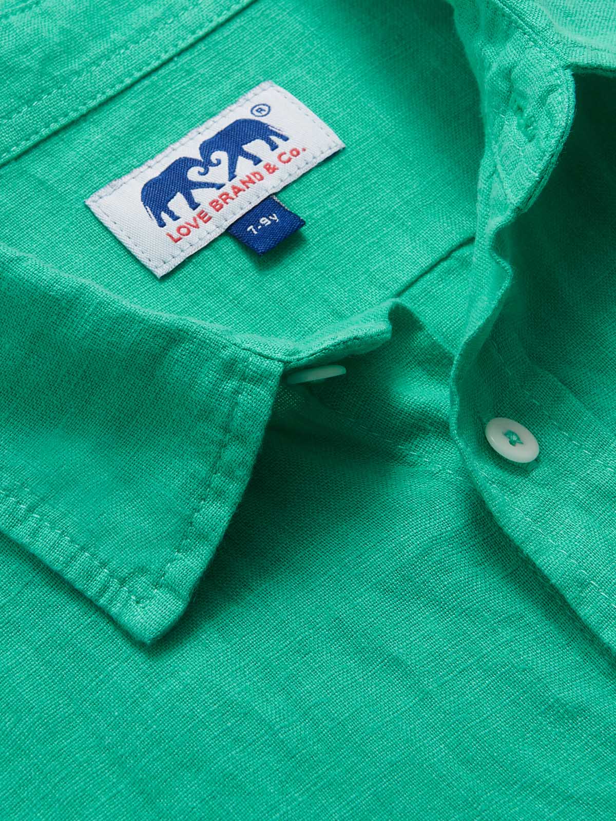 Boys Sicilian Green Abaco Linen Shirt with Love Brand & Co. logo.