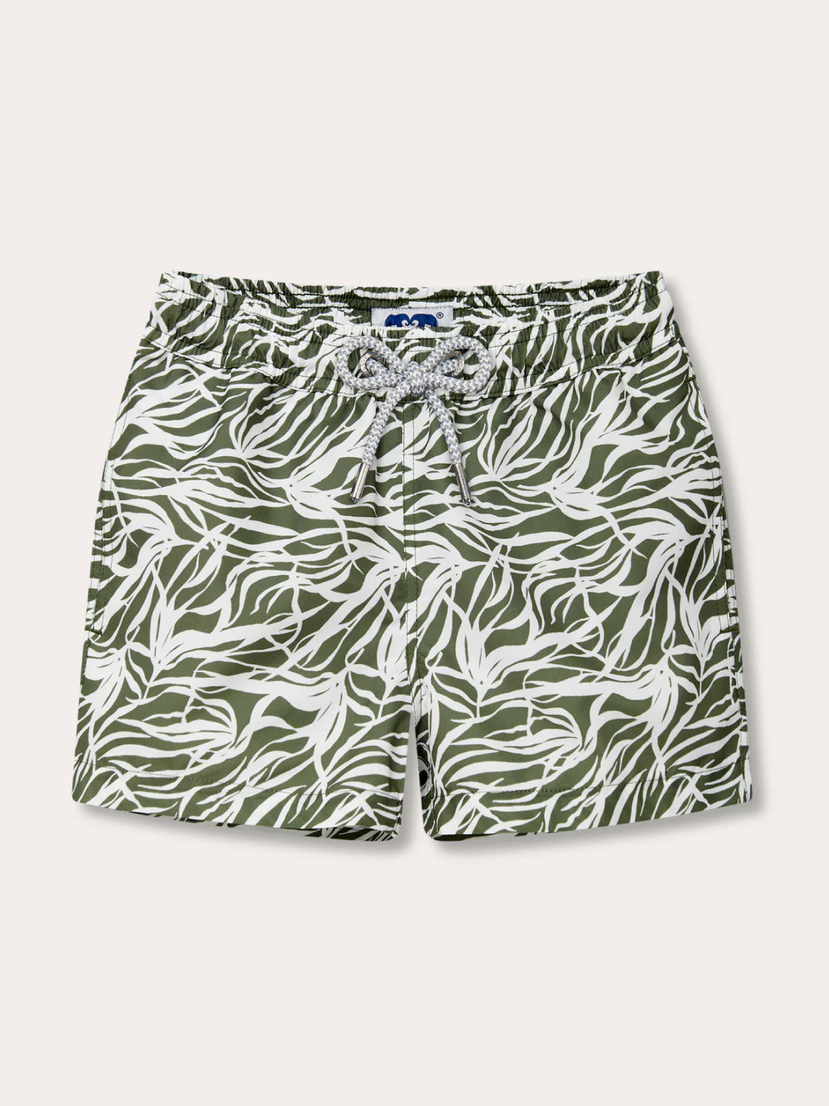 Olive green swim shorts with white sea grass pattern, elastic waistband, and drawstring, made from 100% recycled fabric.