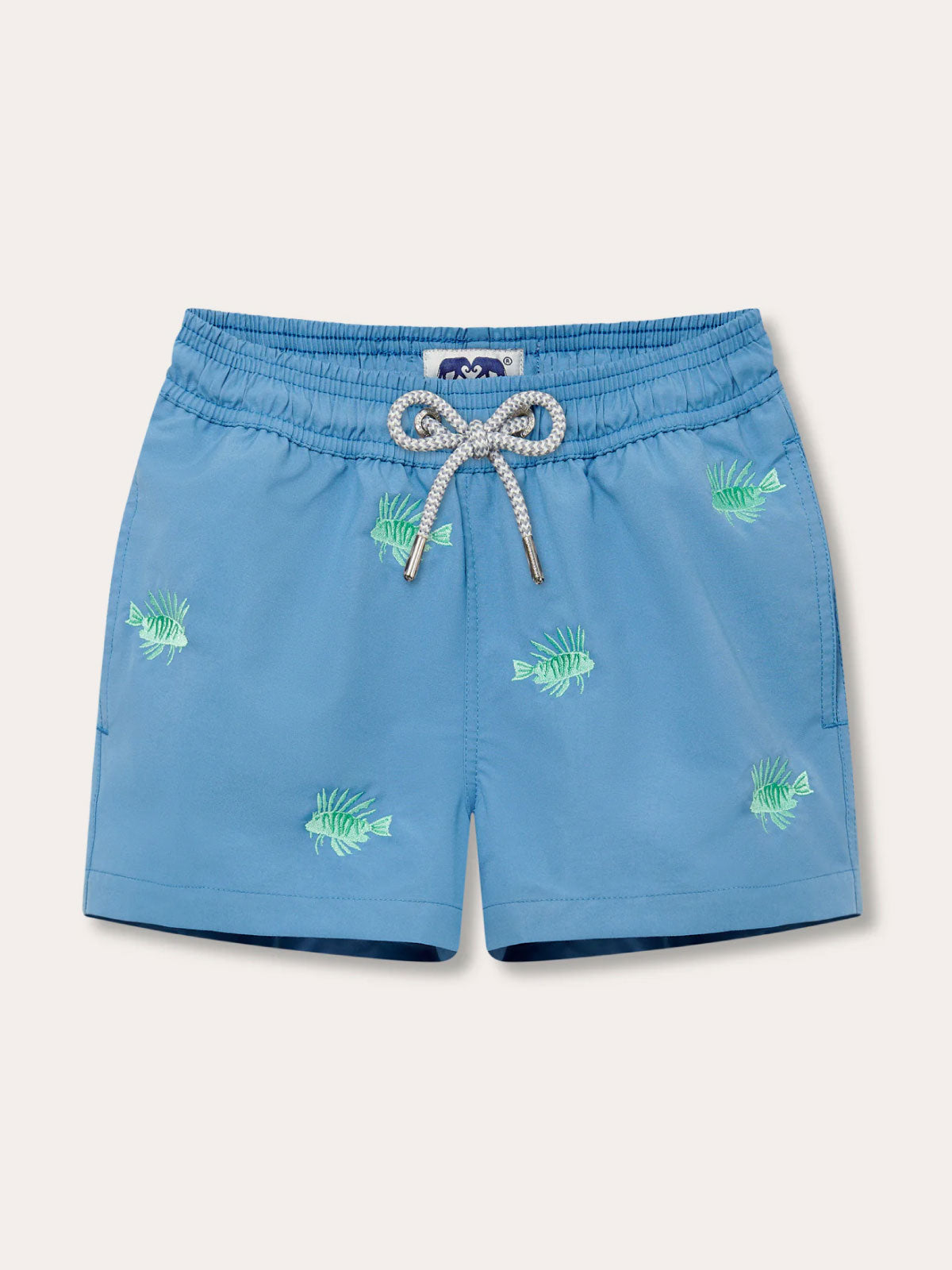 Boys Fish Fry Embroidered Staniel Swim Shorts in deep blue with lionfish pattern, featuring quick-dry 100% recycled polyester fabric.
