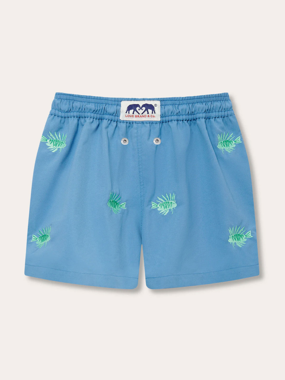 Boys Fish Fry Embroidered Staniel Swim Shorts in deep blue with green embroidered lionfish pattern.