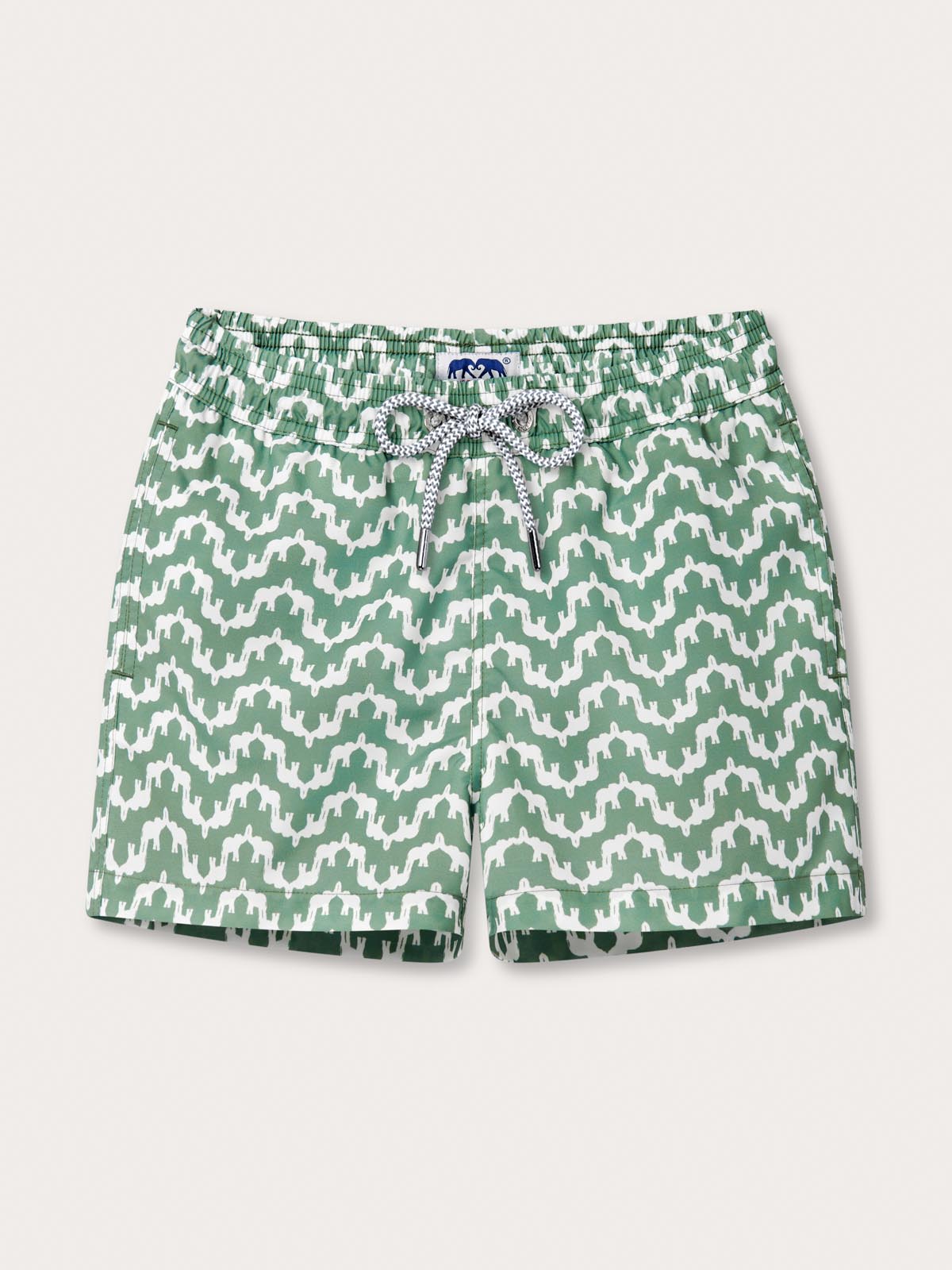 Boys Elephant Palace Green Staniel Swim Shorts with elephant palace design in riviera green.