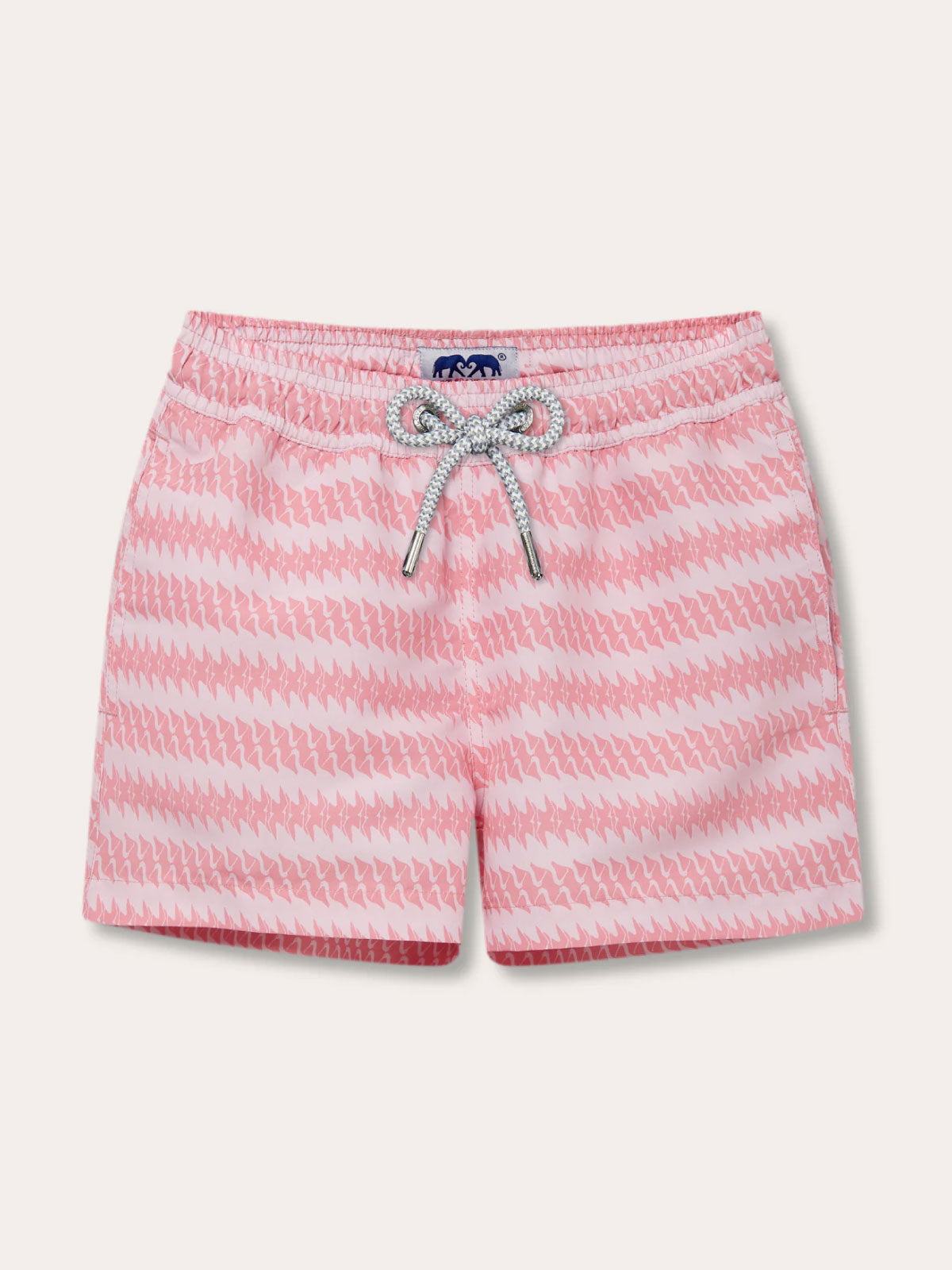 Boys Roseate Spoonbill Staniel Swim Shorts in pink with white patterns and a drawstring waist.