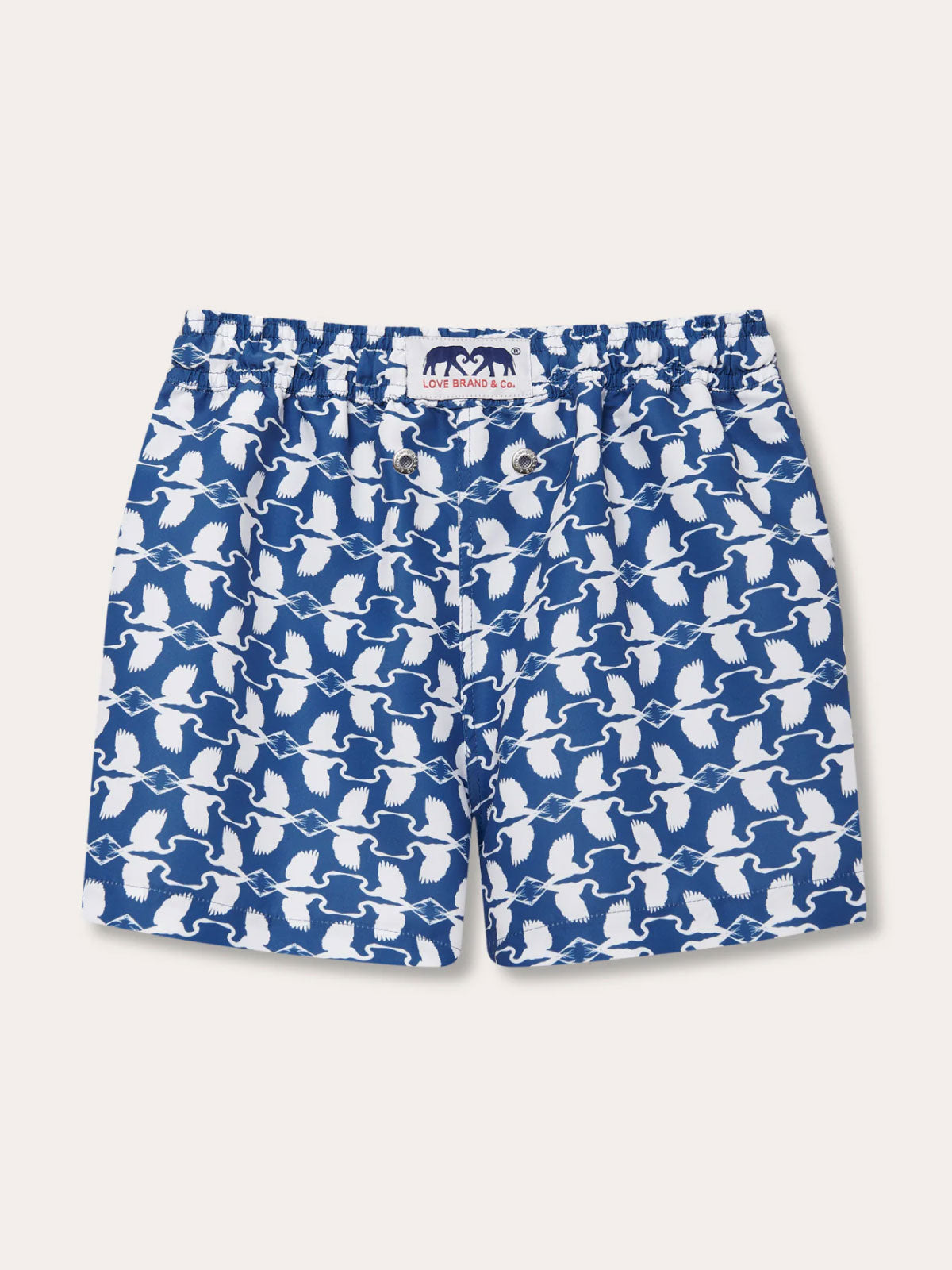 Boys white heron Staniel swim shorts featuring a cool white and deep blue print with Great White Heron design.