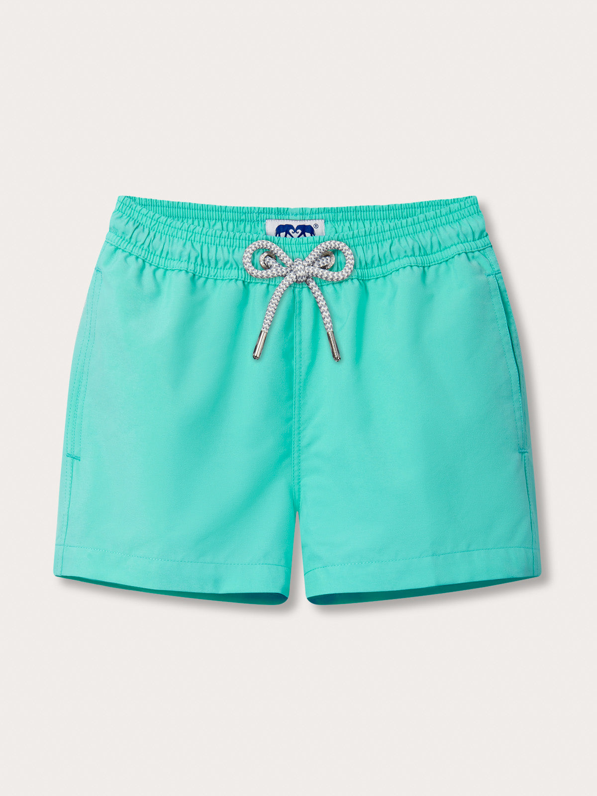 Front view of Boys Cay Green Staniel Swim Shorts. Bpys green swimwear by LOVE BRAND & Co. featuring a drawstring waist and pockets.