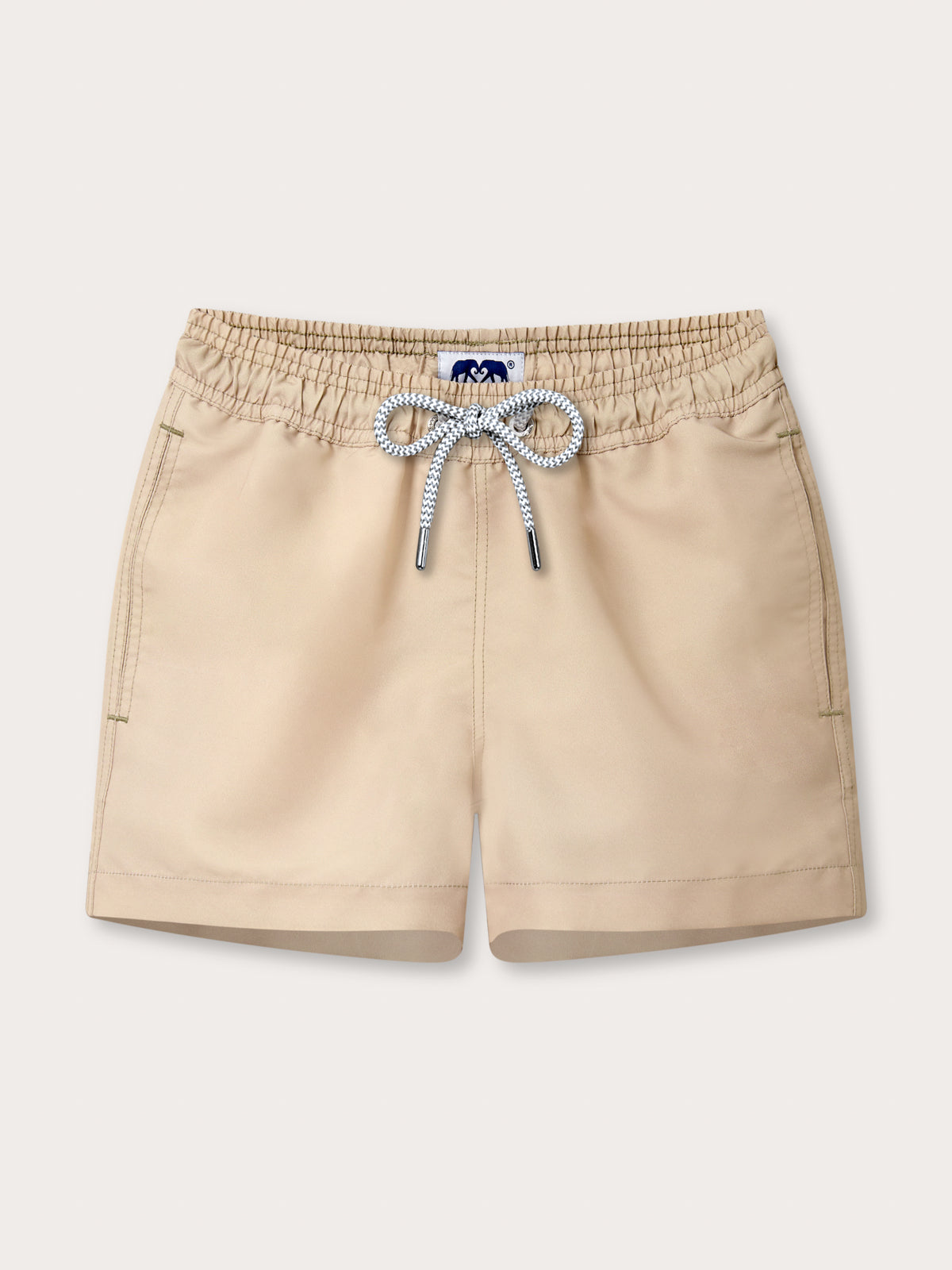 Boys Coconut Staniel Swim Shorts by Love Brand & Co. Brown swimming shorts for children with pockets and drawstring waist.