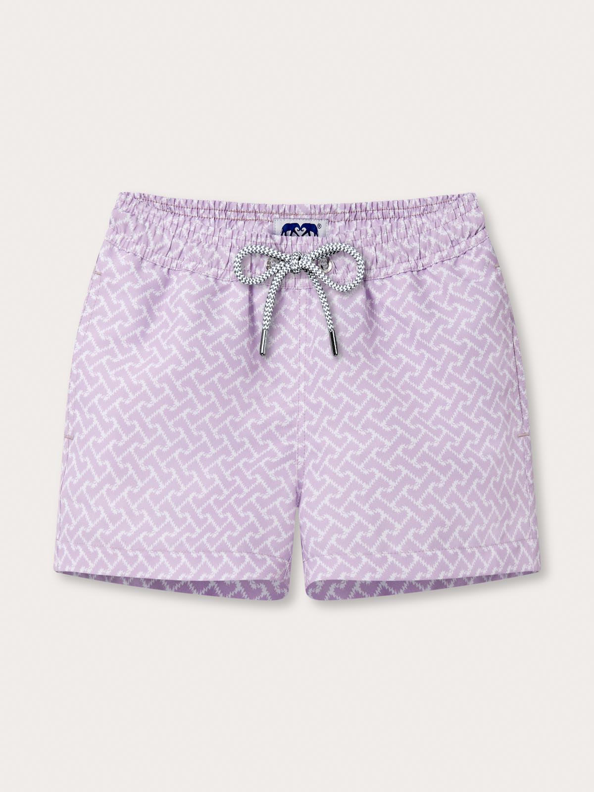 Boys Crazy Maze Staniel Swim Shorts by LOVE BRAND & Co. White and purple swimming shorts for kids with drawstring waist and pockets.