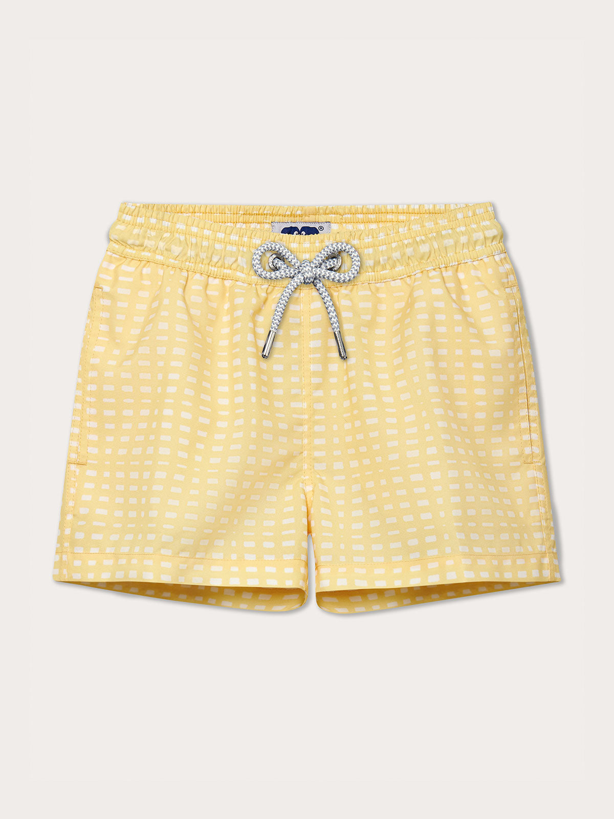 Boys Deck Chairs Staniel Swim Shorts in yellow with white grid pattern, featuring a drawstring waistband.