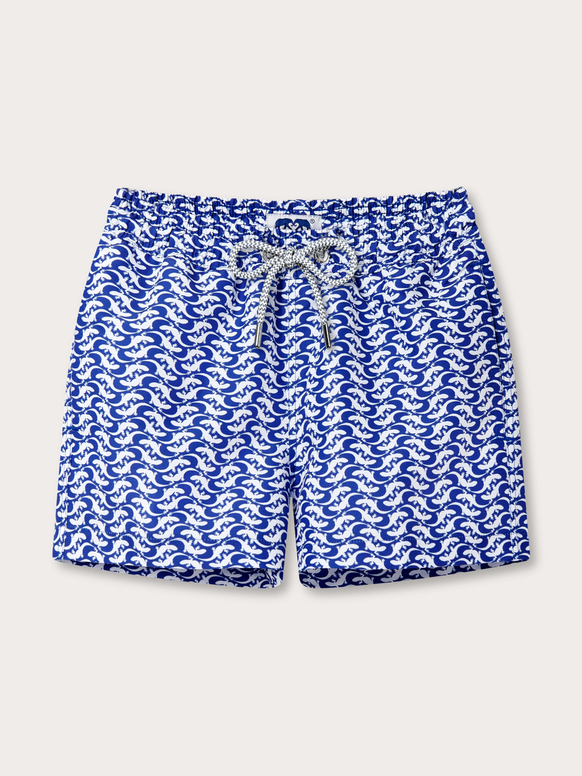 Front view of Boys Gecko Island Staniel Swim Shorts. Eco-friendly swim shorts with blue and white pattern.