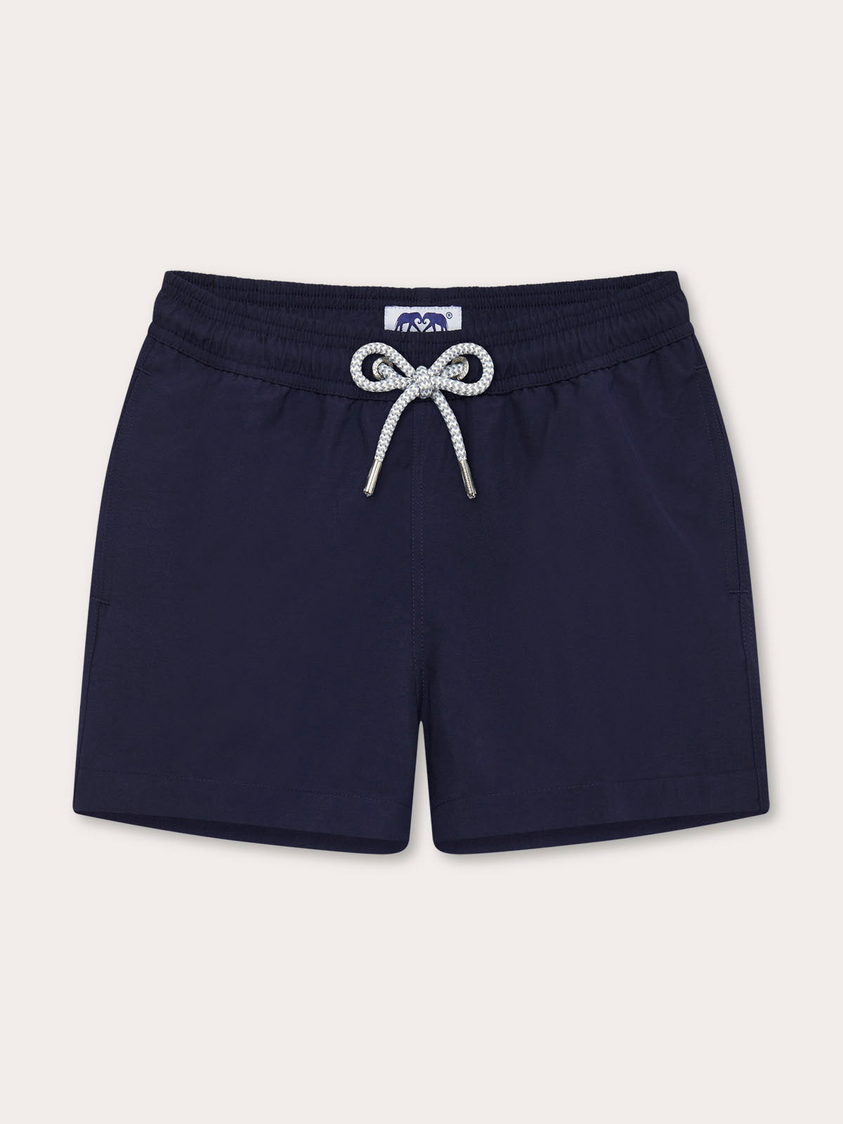 Front view of Boys Navy Blue Staniel Swim Shorts. Boys blue swim shorts with 2 pockets and a drawstring waist.