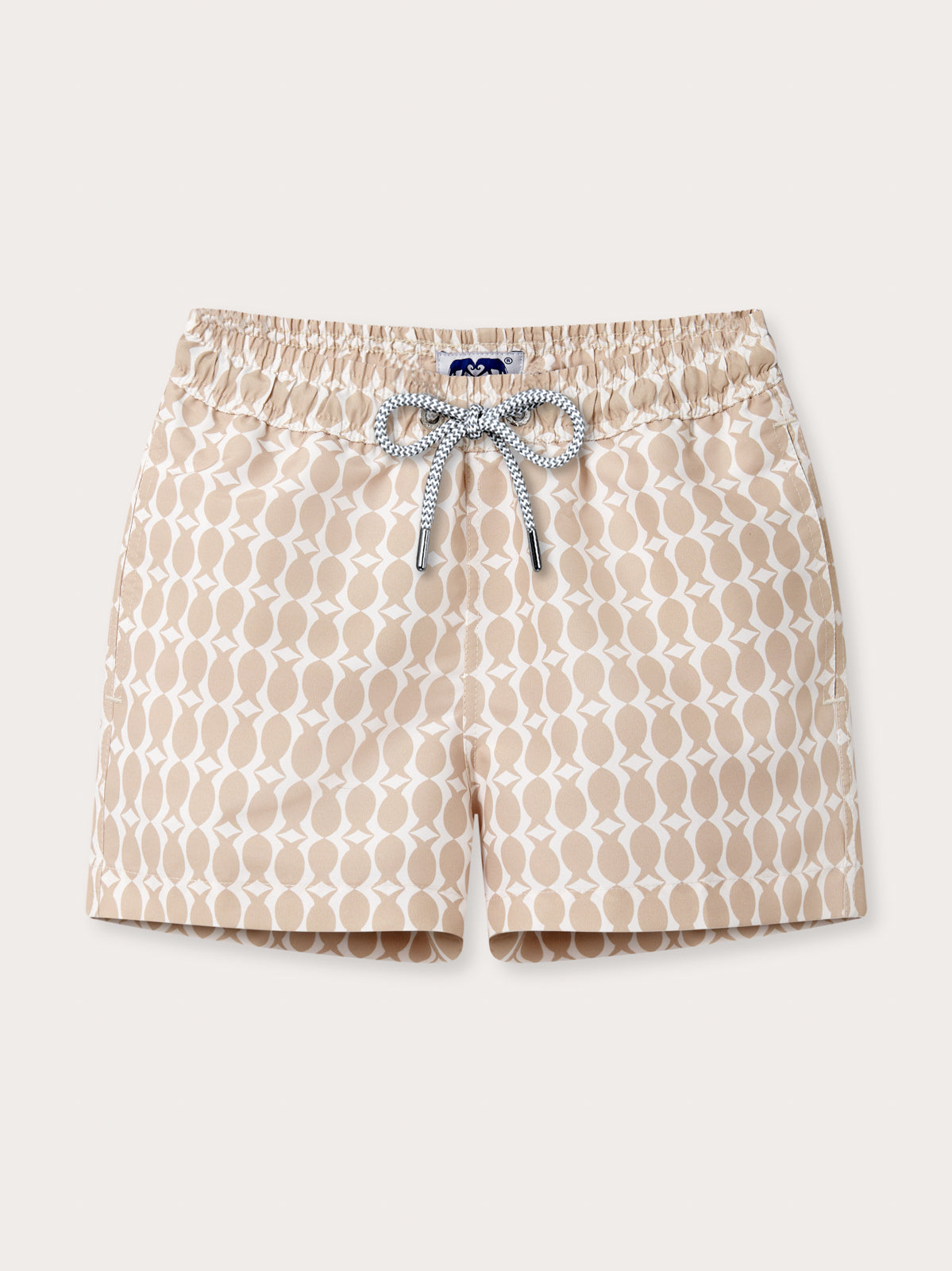 Front view of Boys Pina Colada Staniel Swim Shorts. Brown and white children's swimming shorts with pockets and a drawstring waist.