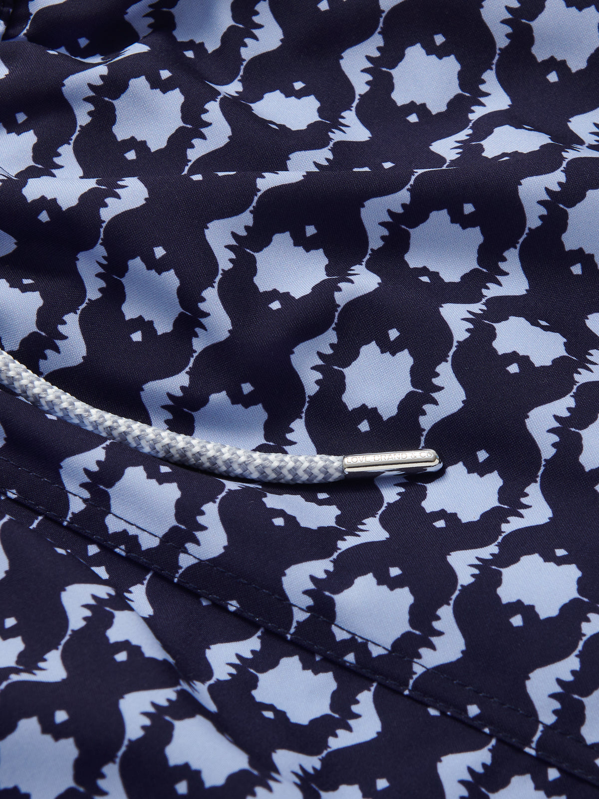 Back view of Boys Rhino Rhythm Staniel Swim Shorts. Close up view of blue boys swimwear with rhino pattern.