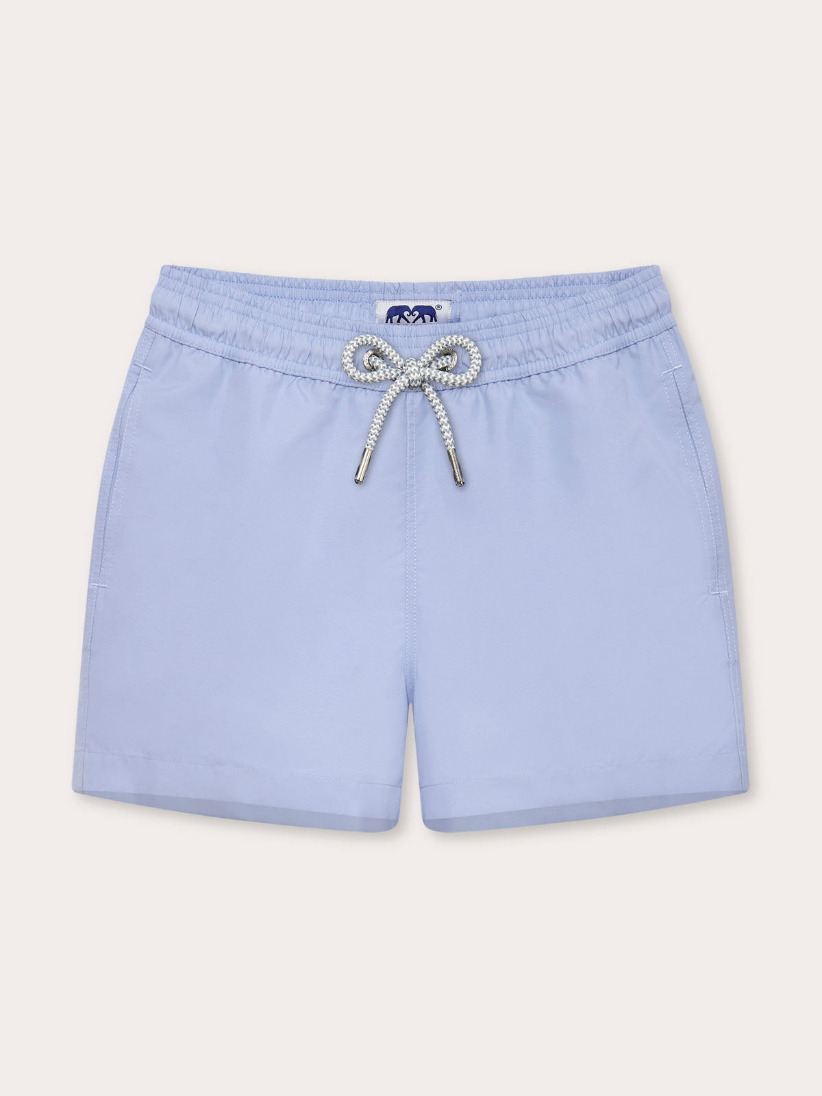 Front view of Boys Sky Blue Staniel Swim Shorts. Childrens blue swimming shorts with pockets and a drawstring waist.
