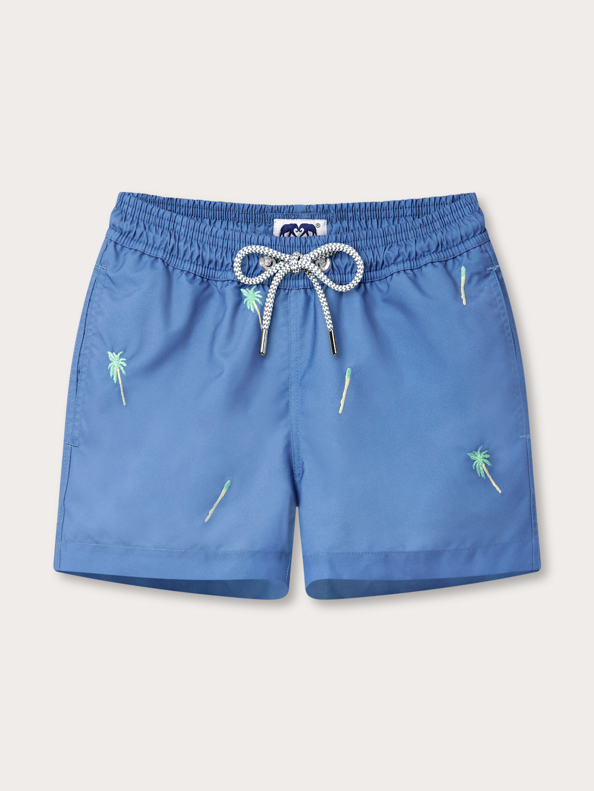 Boys Strike it Lucky Embroidered Staniel Swim Shorts by LOVE BRAND & Co. Blue embroidered swimming shorts for kids with pockets.