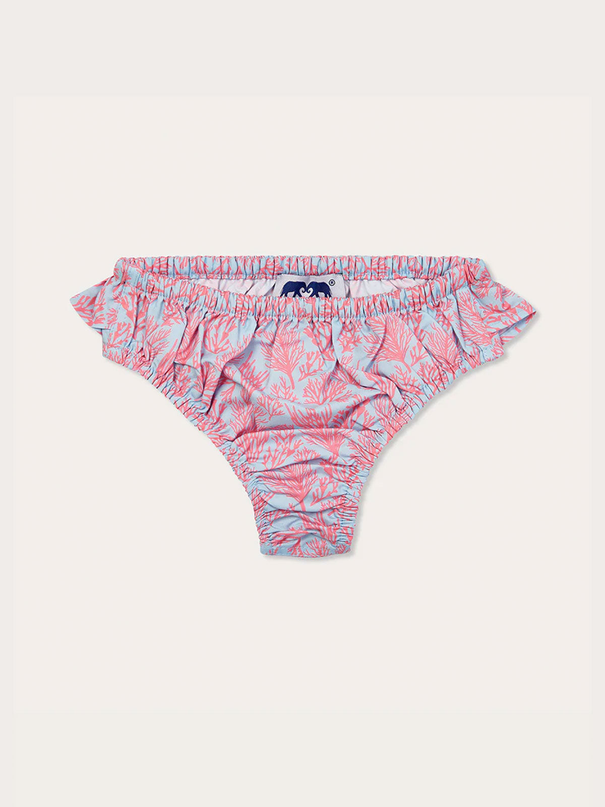Girls Crazy Coral Calabash Bottoms in a bright coral pattern against a blue background with ruffled edges.