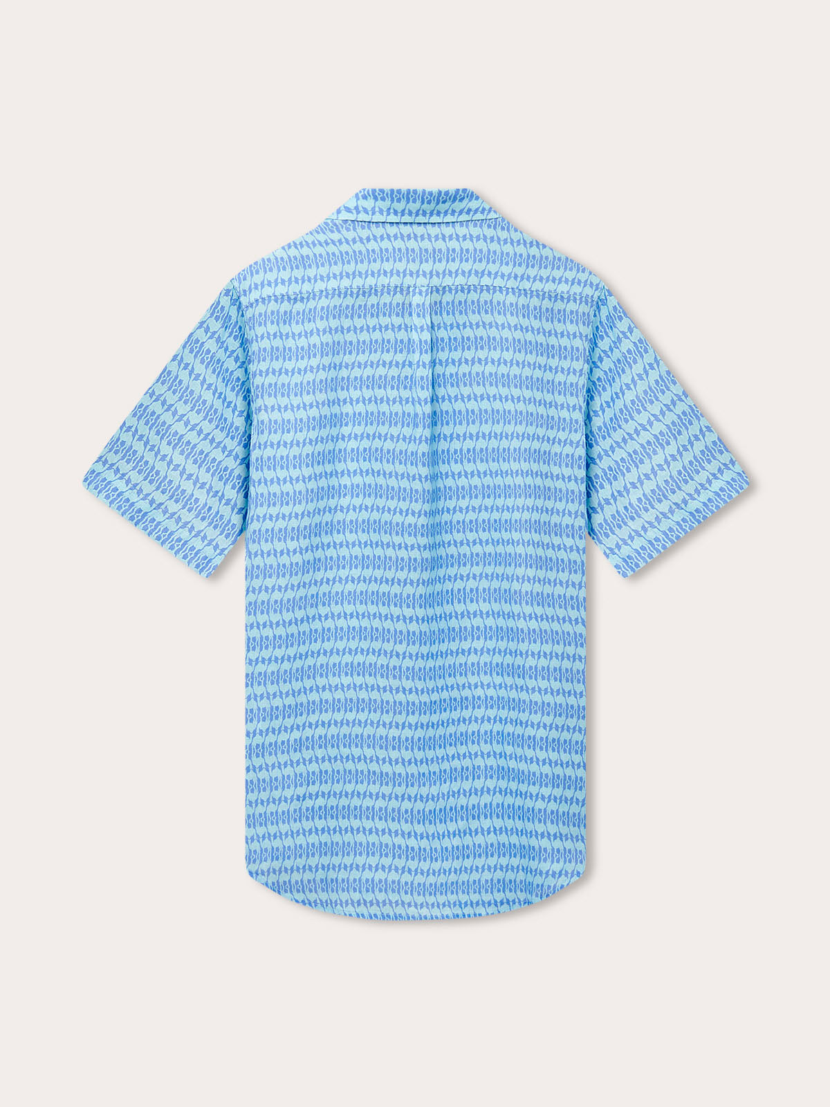 Men's Camel Mirage Sky Arawak Linen Shirt displayed with back view showcasing intricate desert-inspired design.