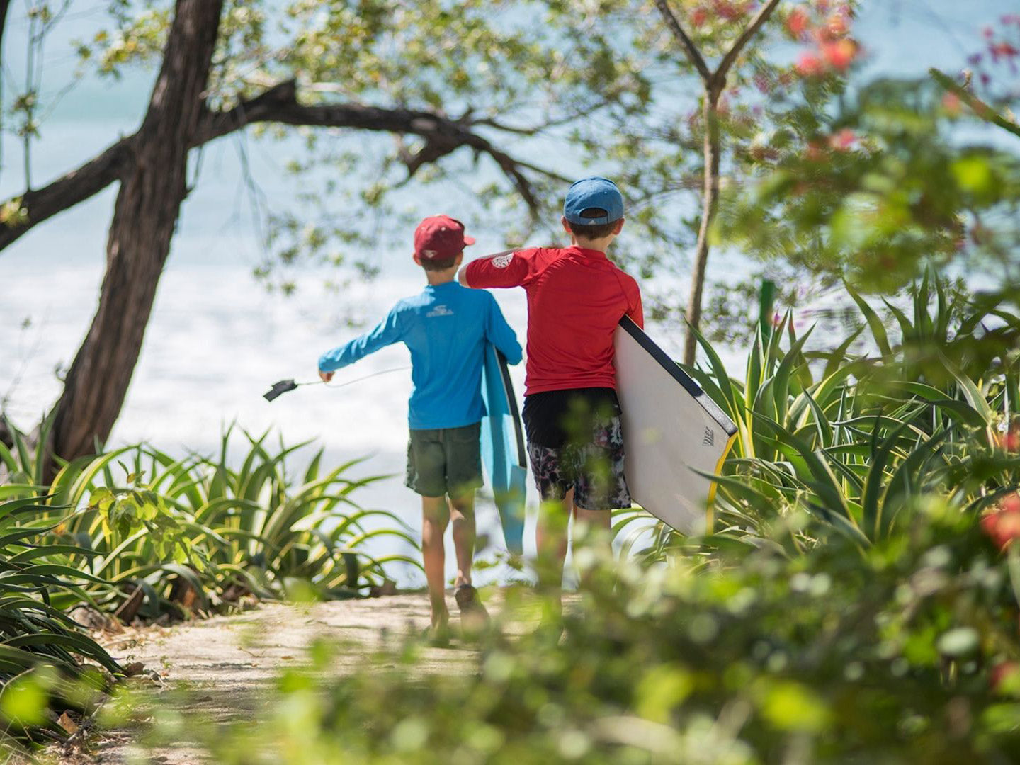 Children heading to the beach with their paddle boards at Las Catalinas