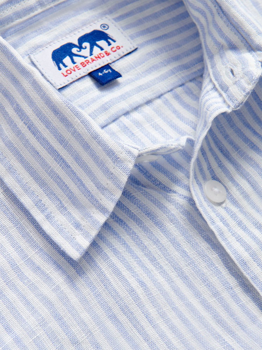Close-up of Kids Sky Lines Abaco Linen Shirt fabric.