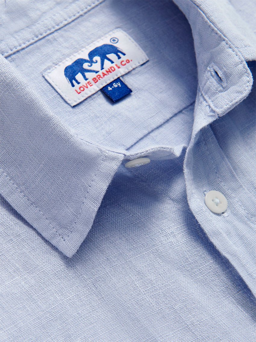 Close-up view of Kids Sky Blue Abaco Linen Shirt.