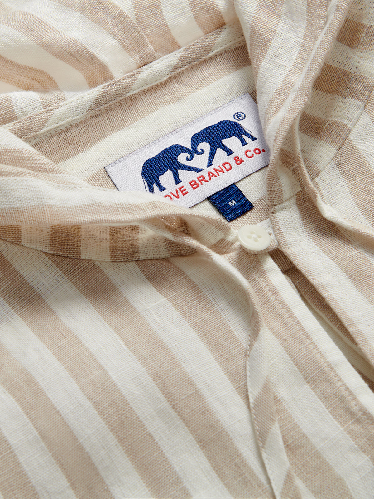 Detailed view of Men's Coconut Stripe Windermere Linen Hoodie showcasing brown and white striped pattern.