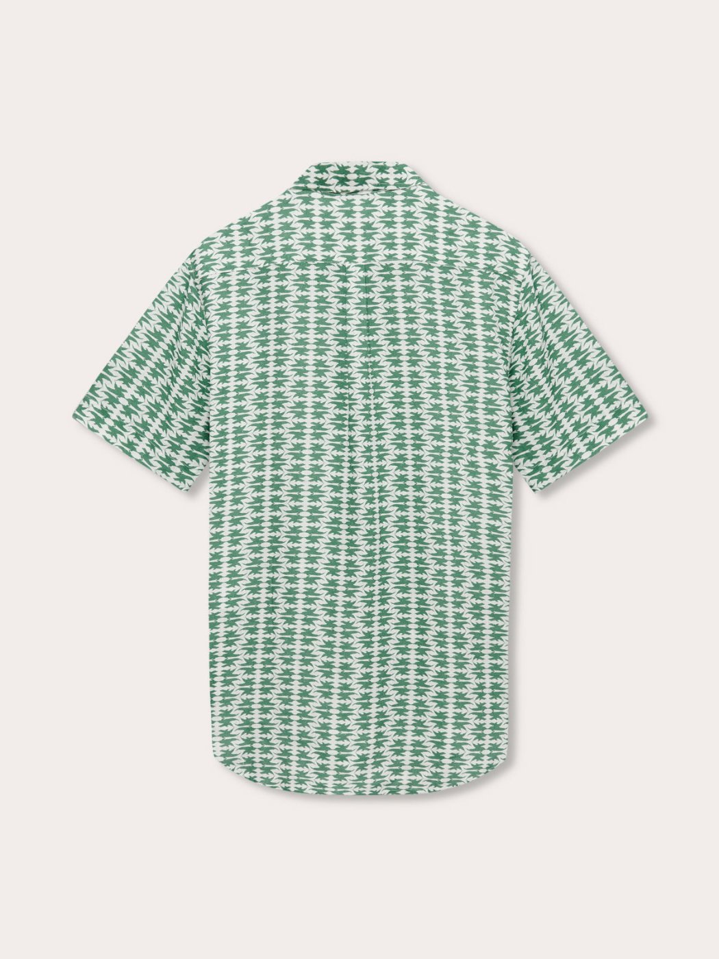 Back view of Men's Dolphins of Greece Arawak Linen Shirt, featuring a green and white pattern. Men's linen shirt with short sleeves, camp collar, and lightweight breathable fabric.