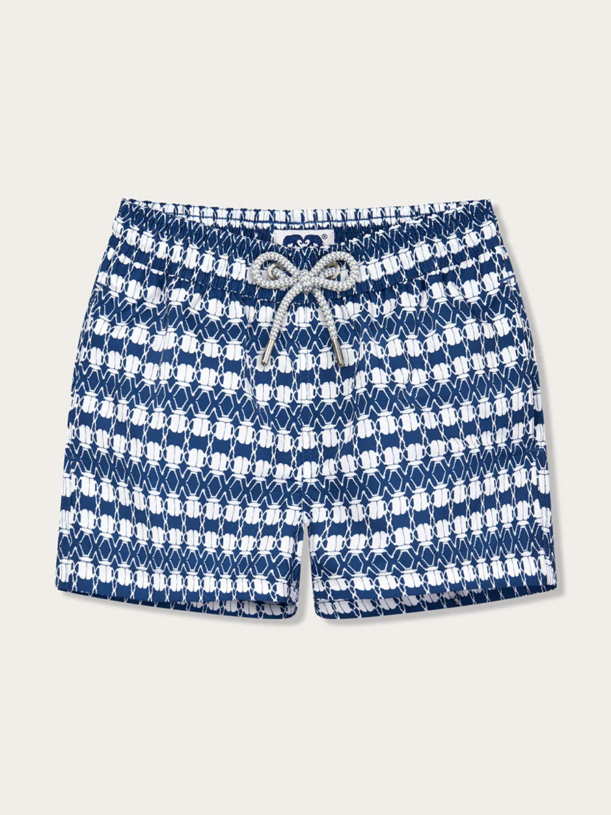 Boys The Beetles Staniel Swim Shorts featuring a pattern of white beetles on a deep blue background, with a comfortable elastic waistband and drawstring.