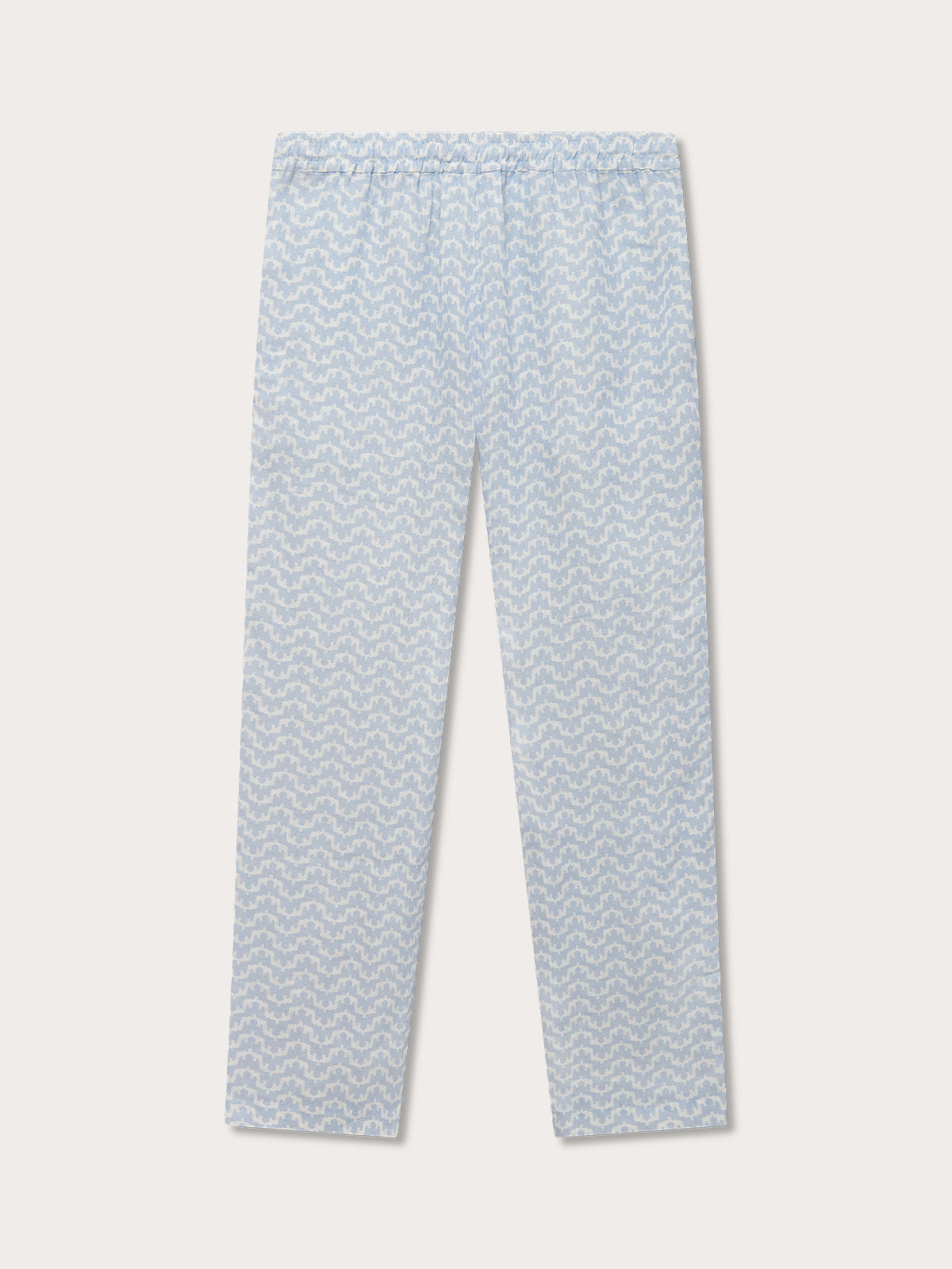 Men's Elephant Palace Sky Eleuthera Linen Trousers. Blue and white linen trousers with drawstring waist back view.