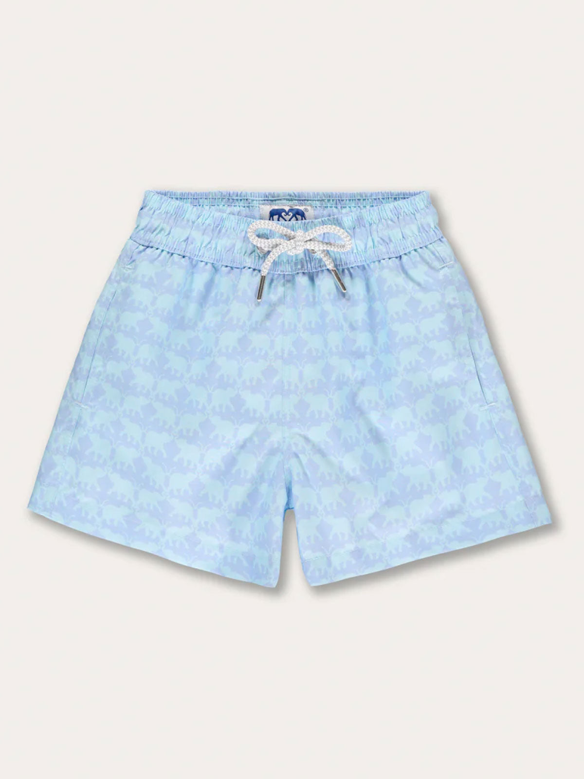Boys Elephant Dance Blue Staniel Swim Shorts featuring a light blue color with an elephant pattern, elastic waistband, and drawstring for adjustment.