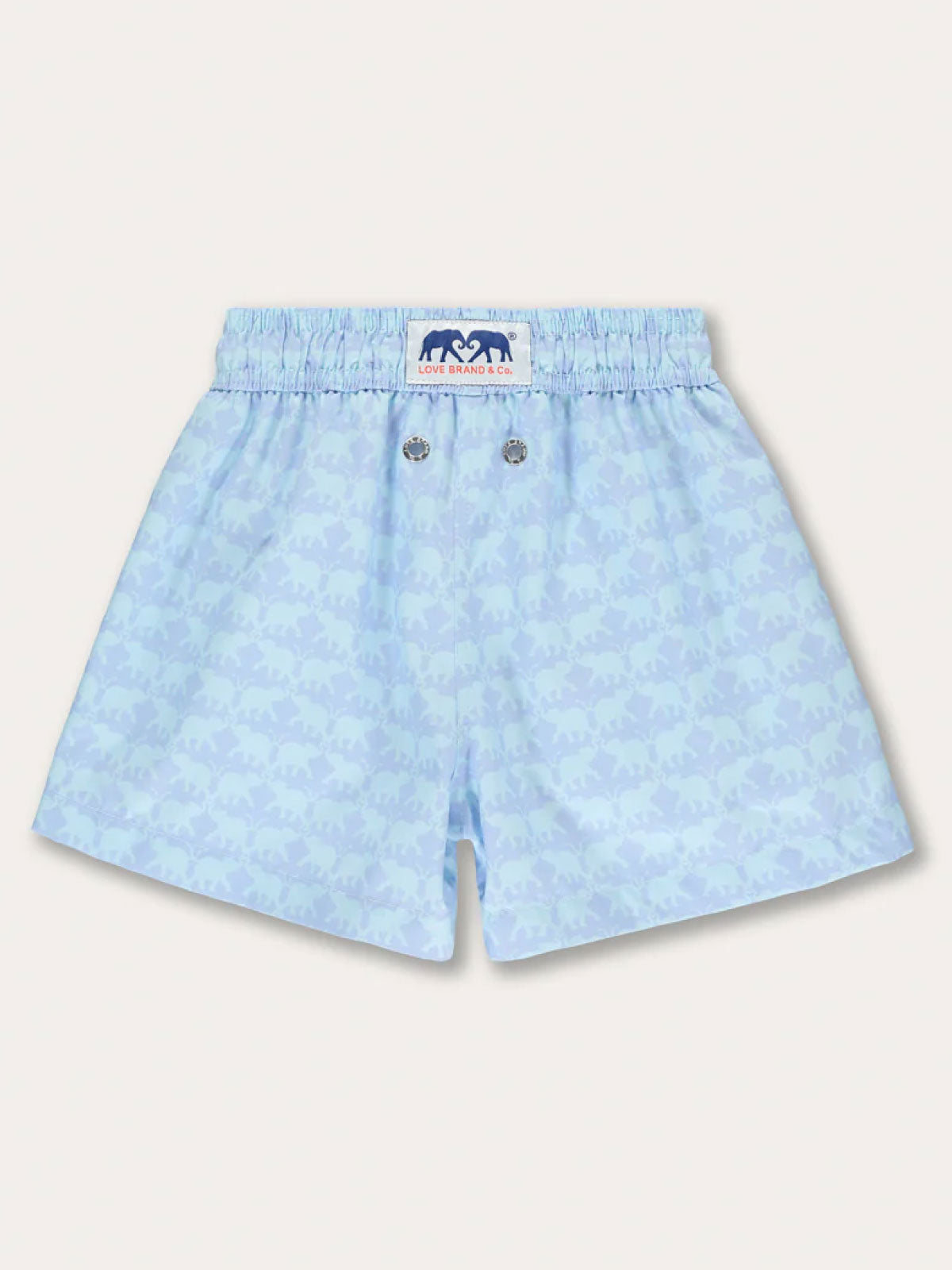 Boys Elephant Dance Blue Staniel Swim Shorts with symbolic elephant print celebrating wildlife conservation by WildAid.