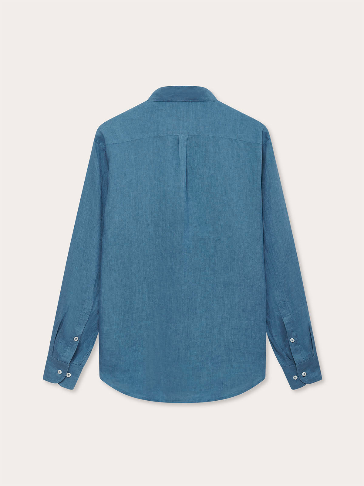 Men's Elephant Palace Blue Maycock Linen Shirt shown from the back, featuring long sleeves and signature corozo nut buttons. Old money shirts crafted from 100% natural linen.