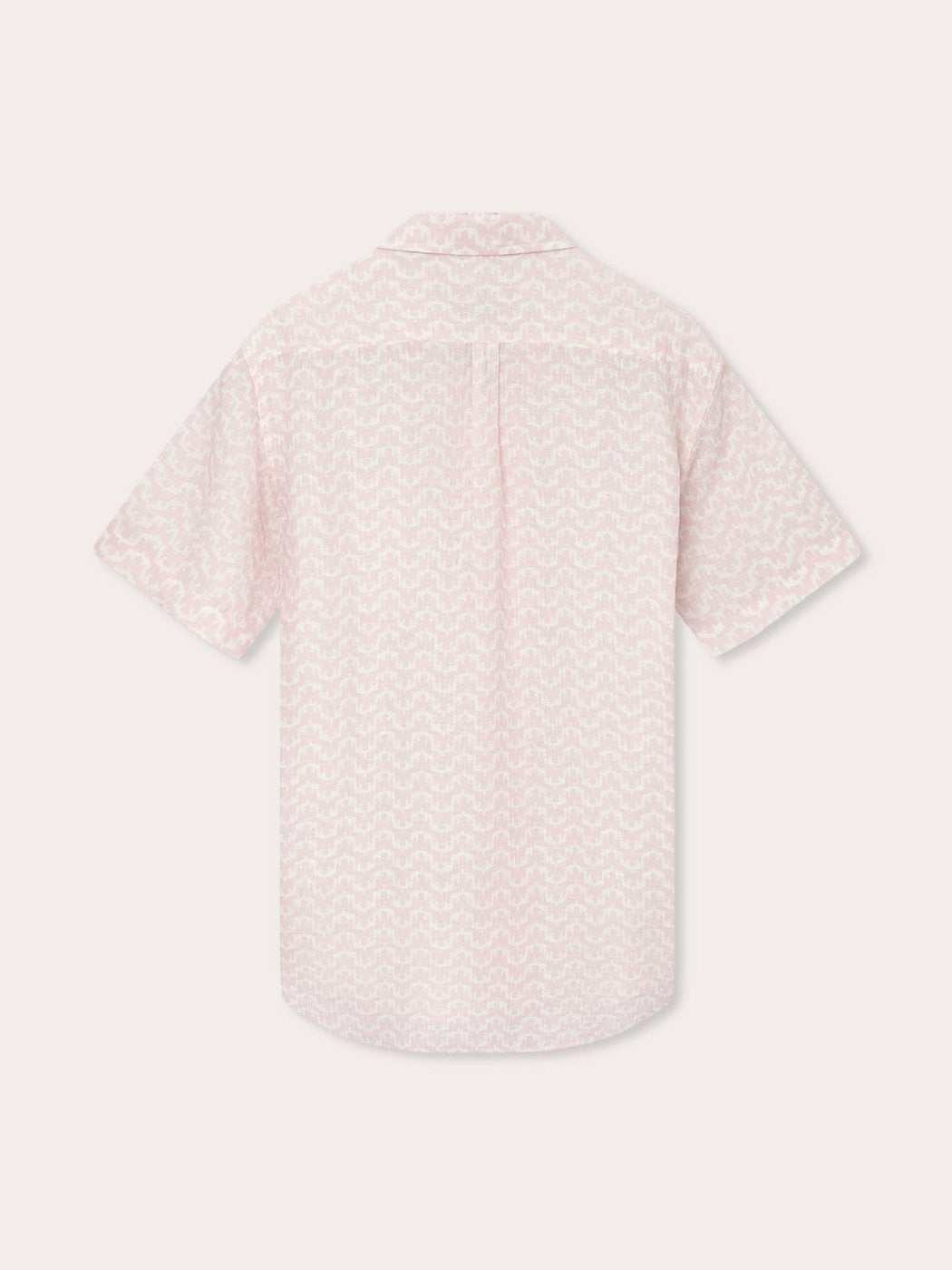 Men's Elephant Palace Pink Arawak Linen Shirt, back view showing short sleeves and delicate pastel print. Old money shirts made from 100% sustainable linen.