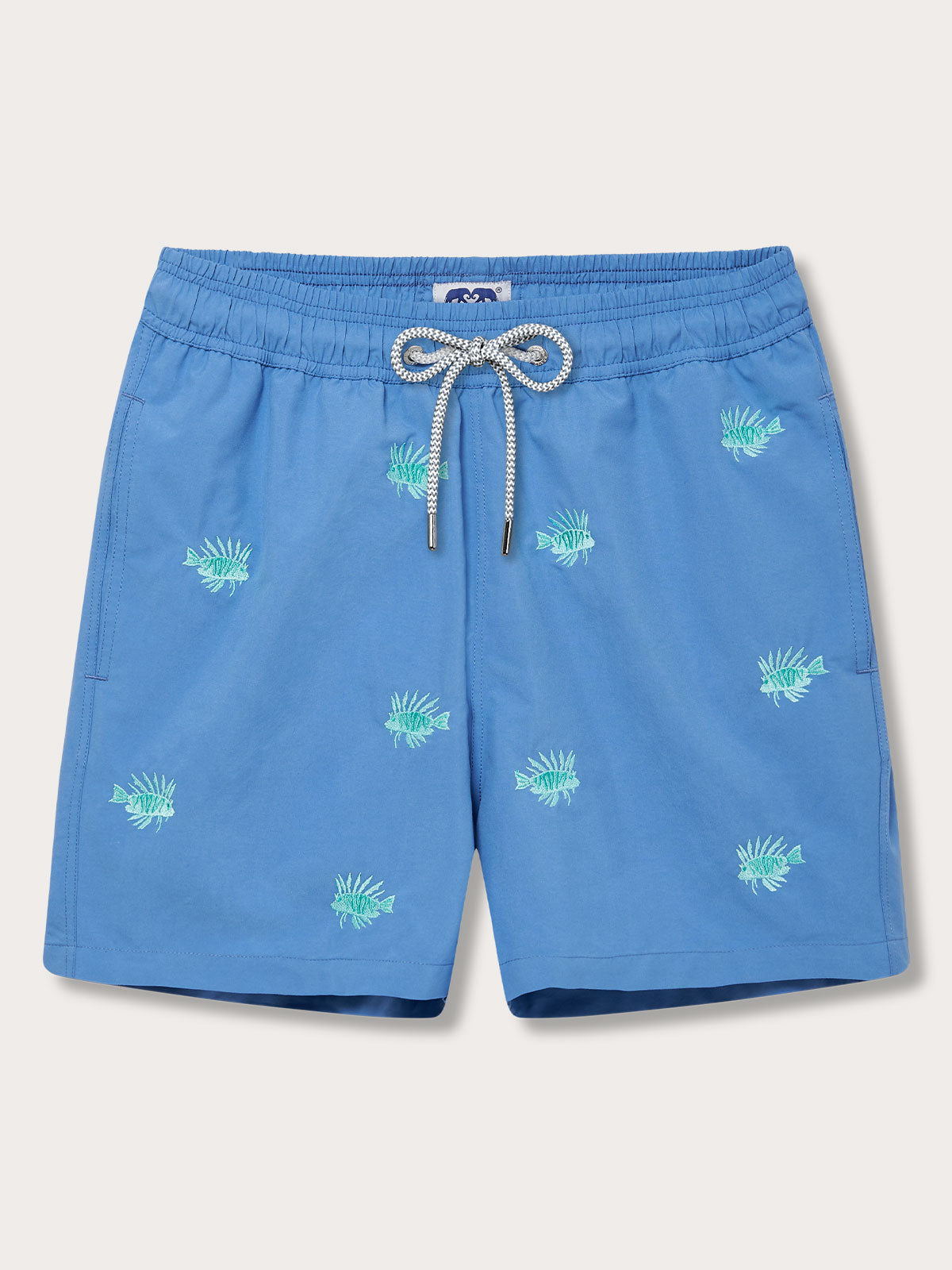 Fish Fry Embroidered Staniel mens Swim Shorts in deep blue with embroidered lionfish pattern. Patterned swim shorts showcasing sustainable fishing practices.