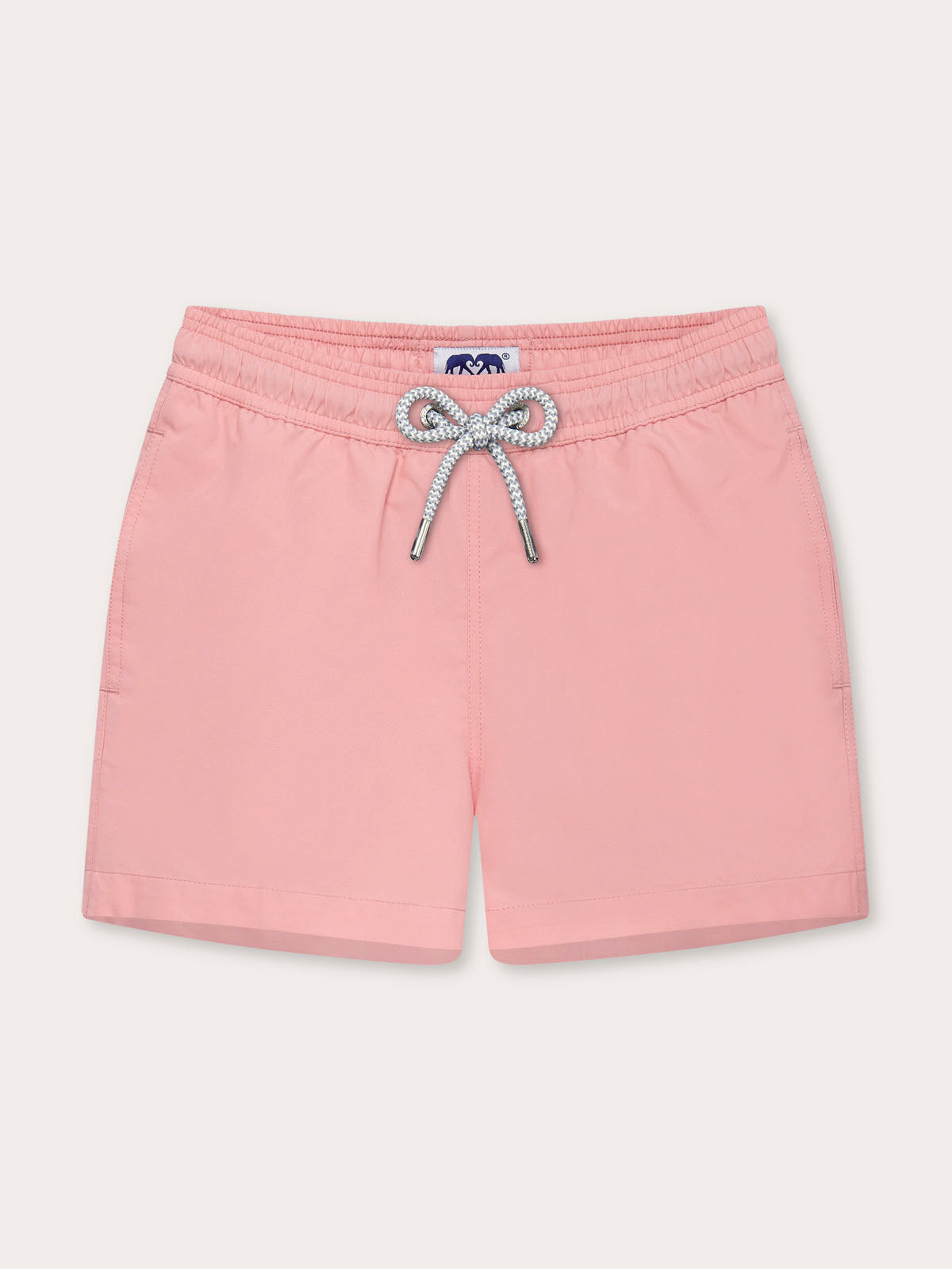 Front view of Boys Pastel Pink Staniel Swim Shorts. Designer boys swim shorts with drawstring waist.