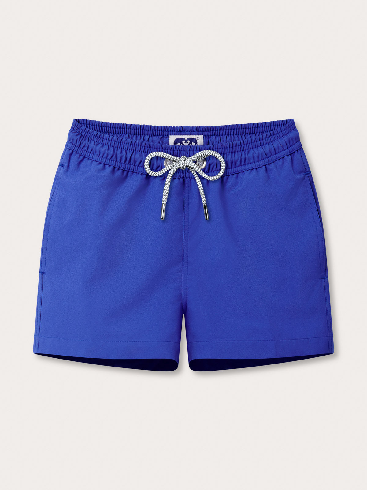 Front view of Boys Majorelle Blue Staniel Swim Shorts. Childrens swimming trunks with drawstring waist.