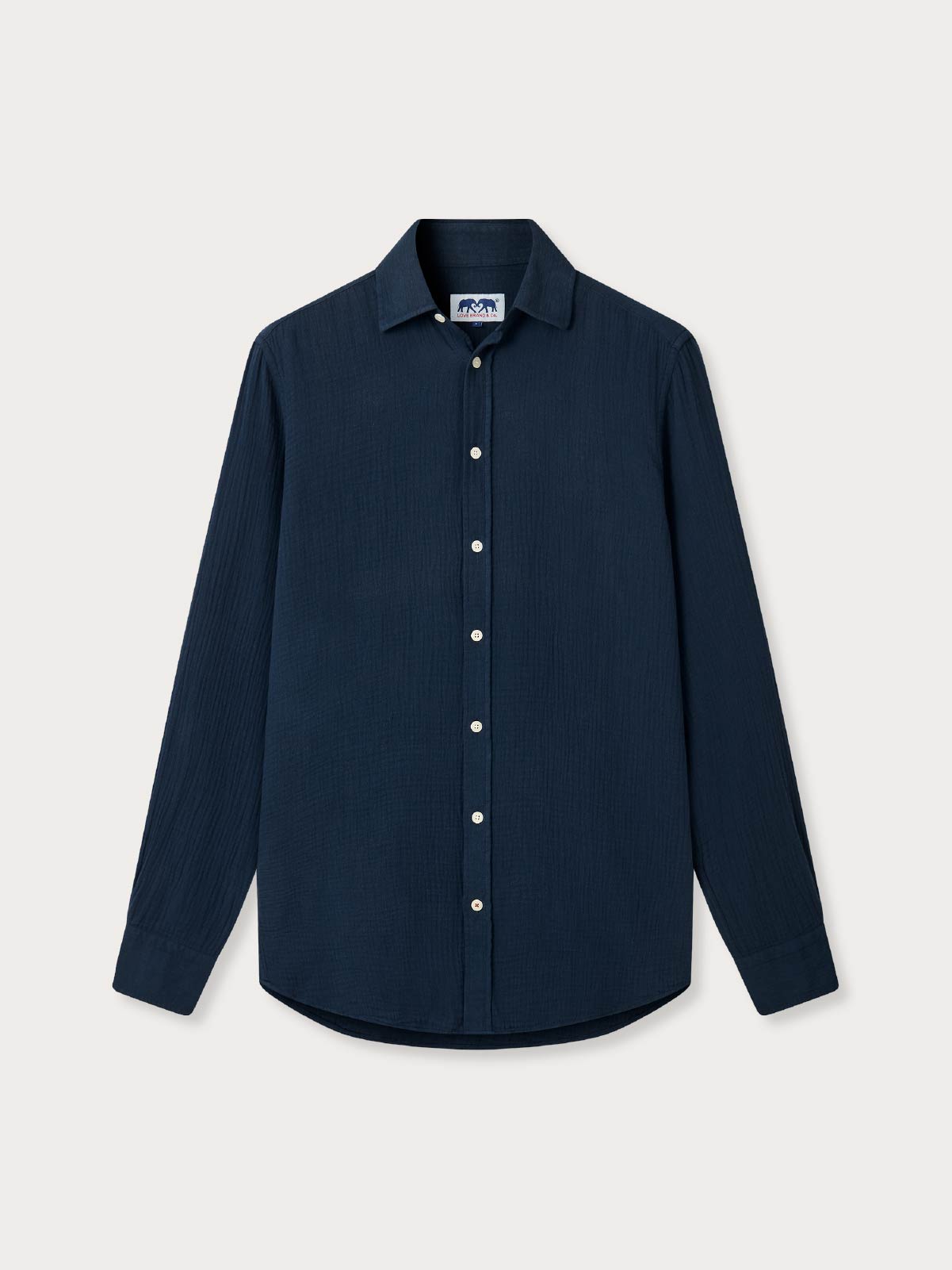 Navy blue shirt with a collar on a light gray background